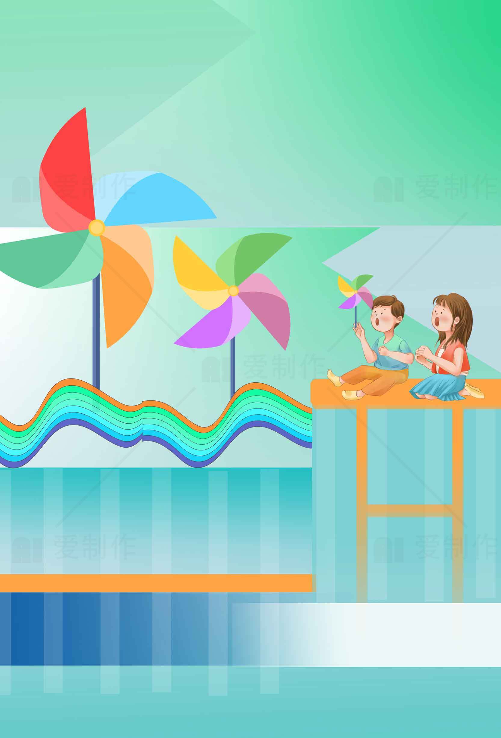 儿童风车玩具与彩虹主题插画素材