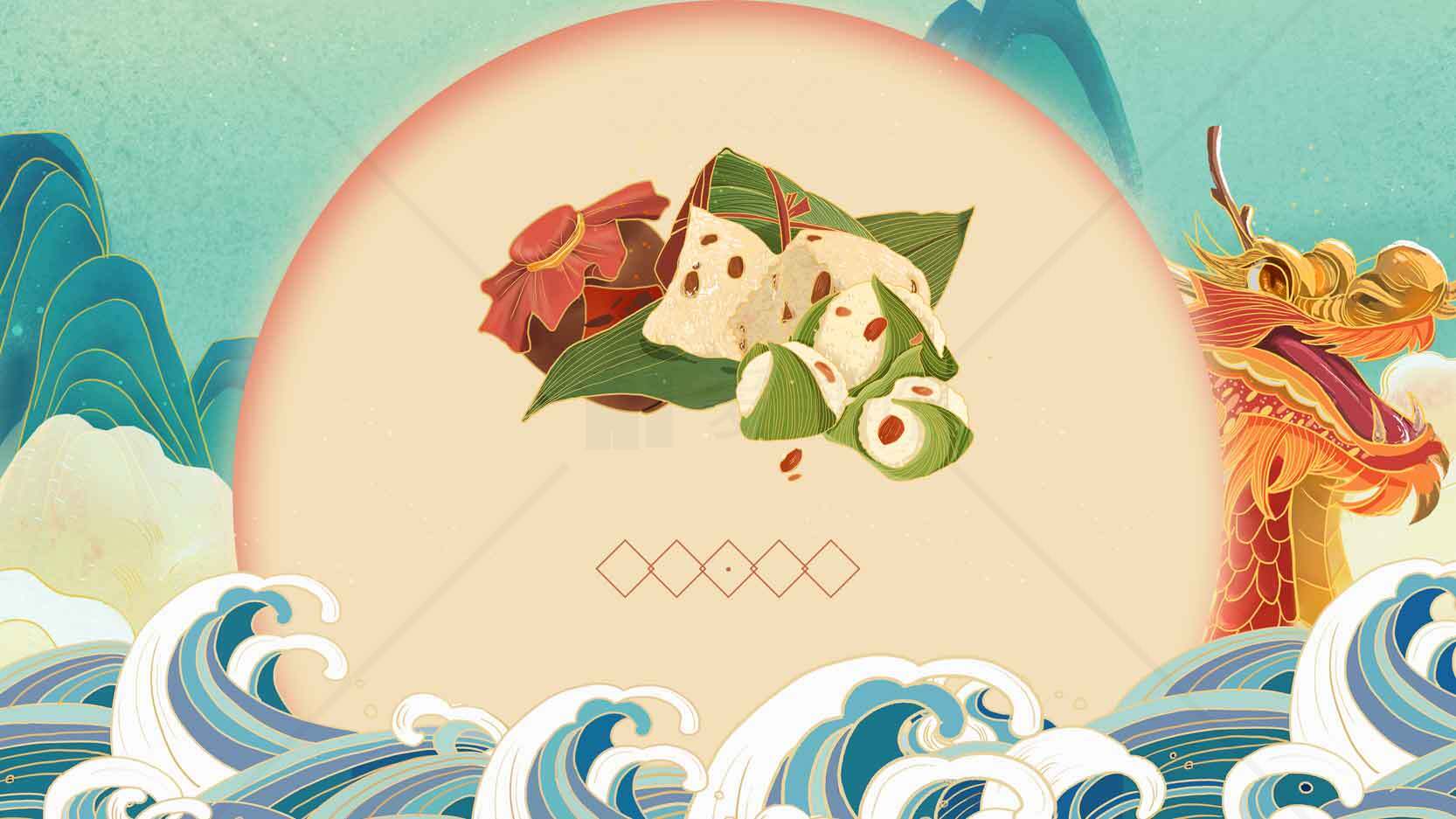 端午节传统美食与龙舟文化背景插画素材