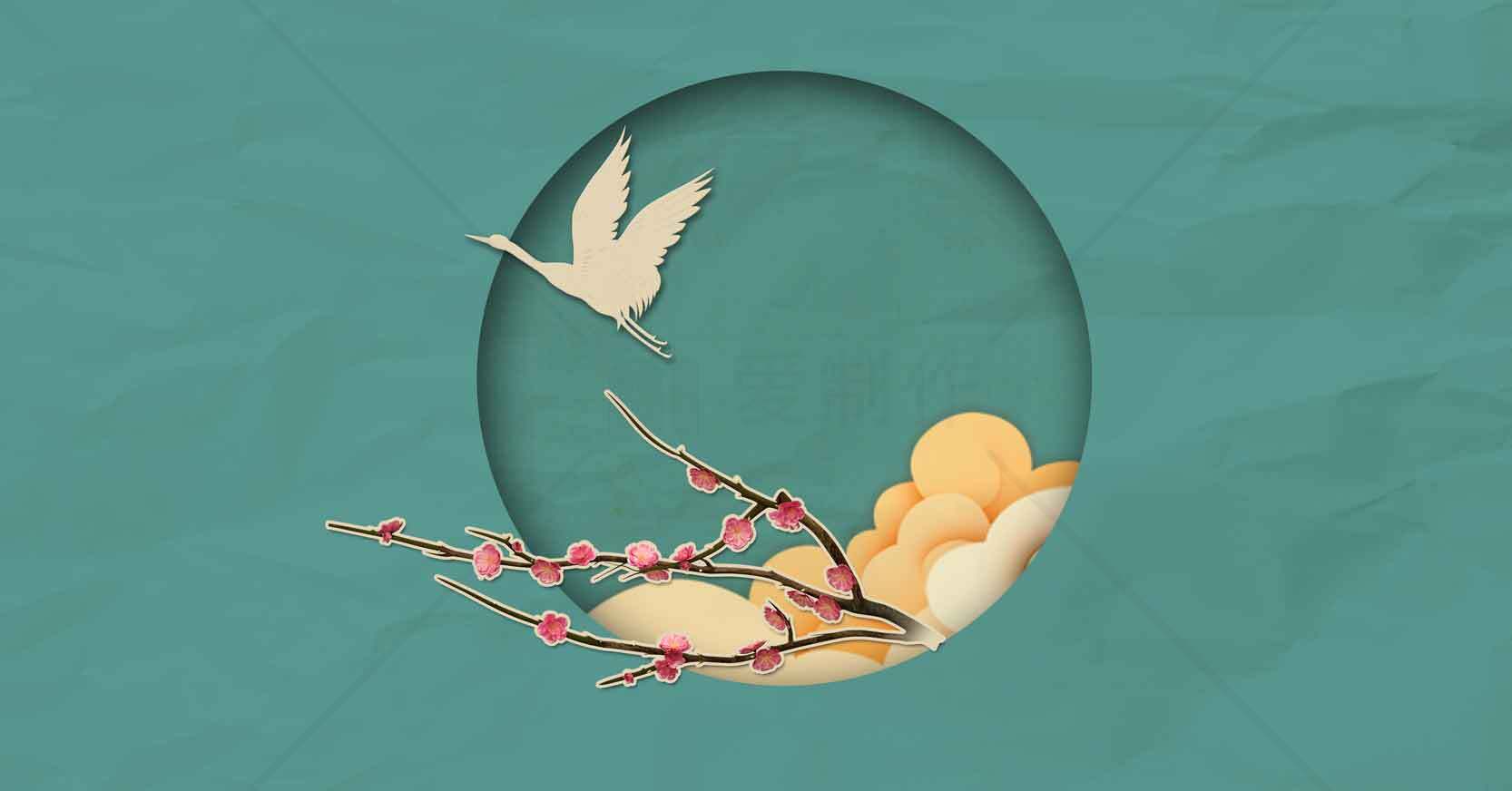 中国风唯美插画：飞鸟与花枝意境图素材