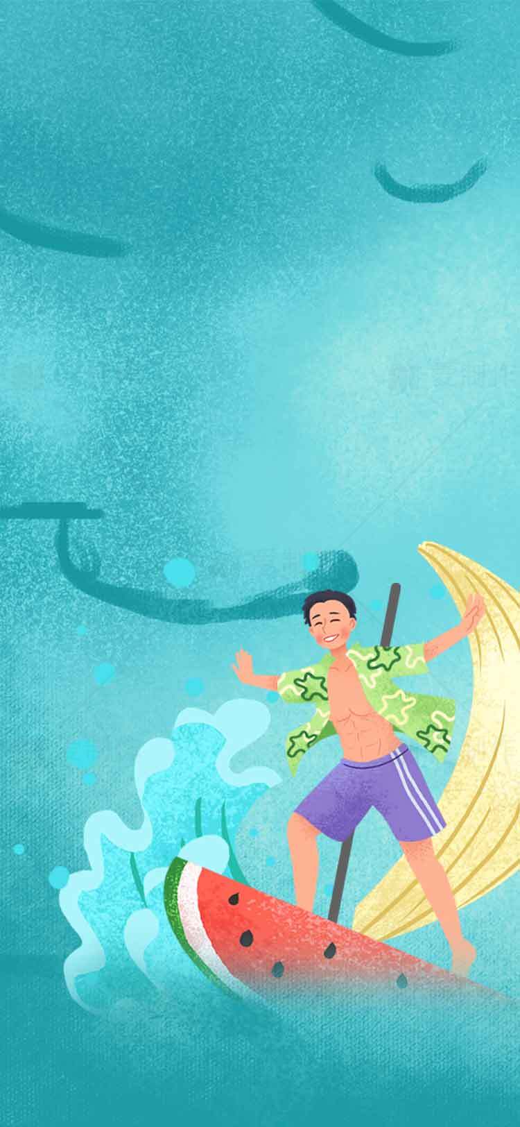 夏日创意插画：西瓜冲浪与香蕉帆素材