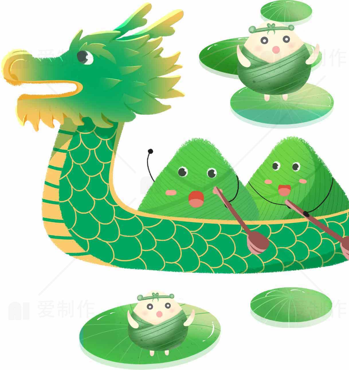 端午节卡通插画：龙舟与粽子主题素材