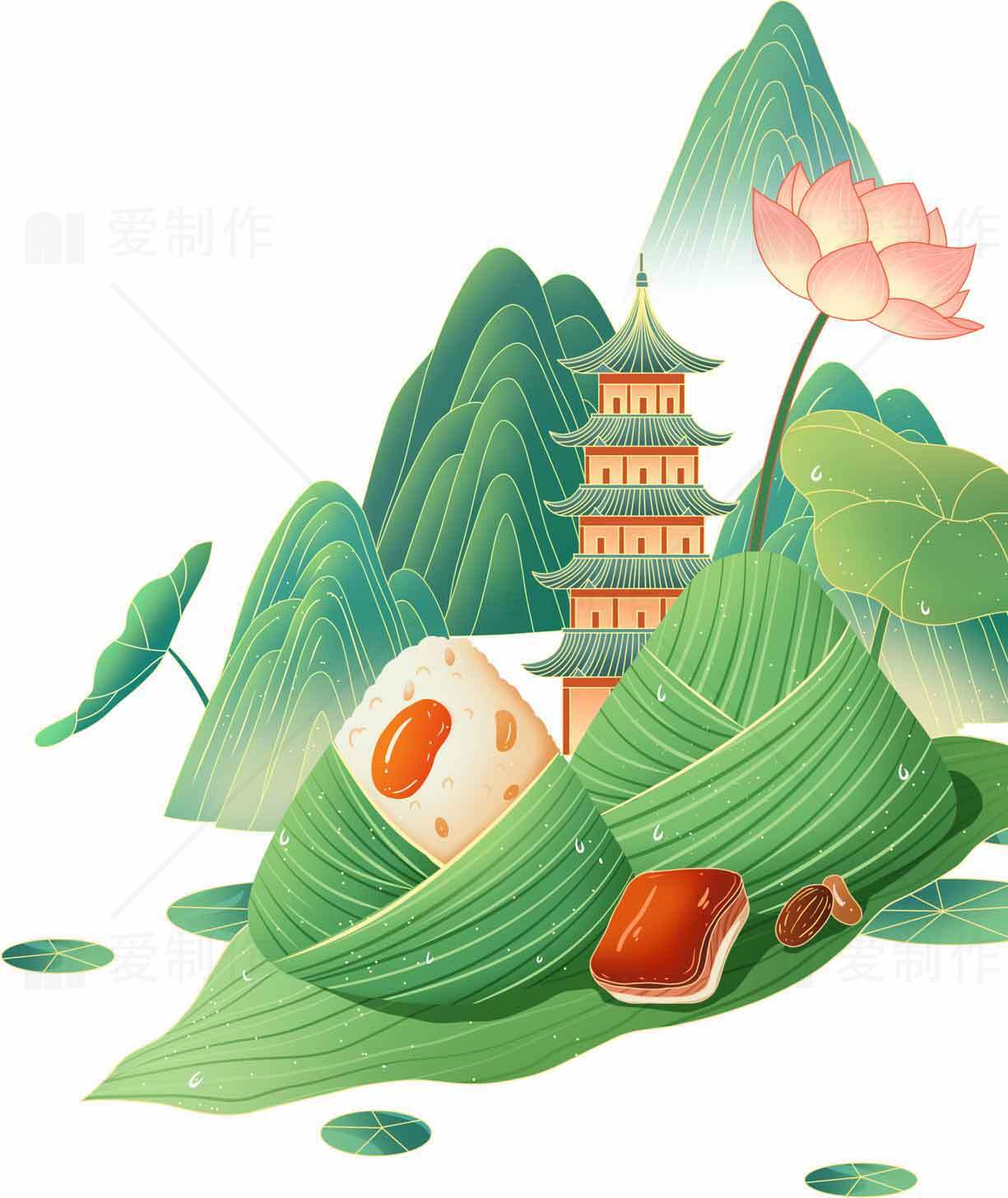 端午节传统美食粽子与山水意境插画素材