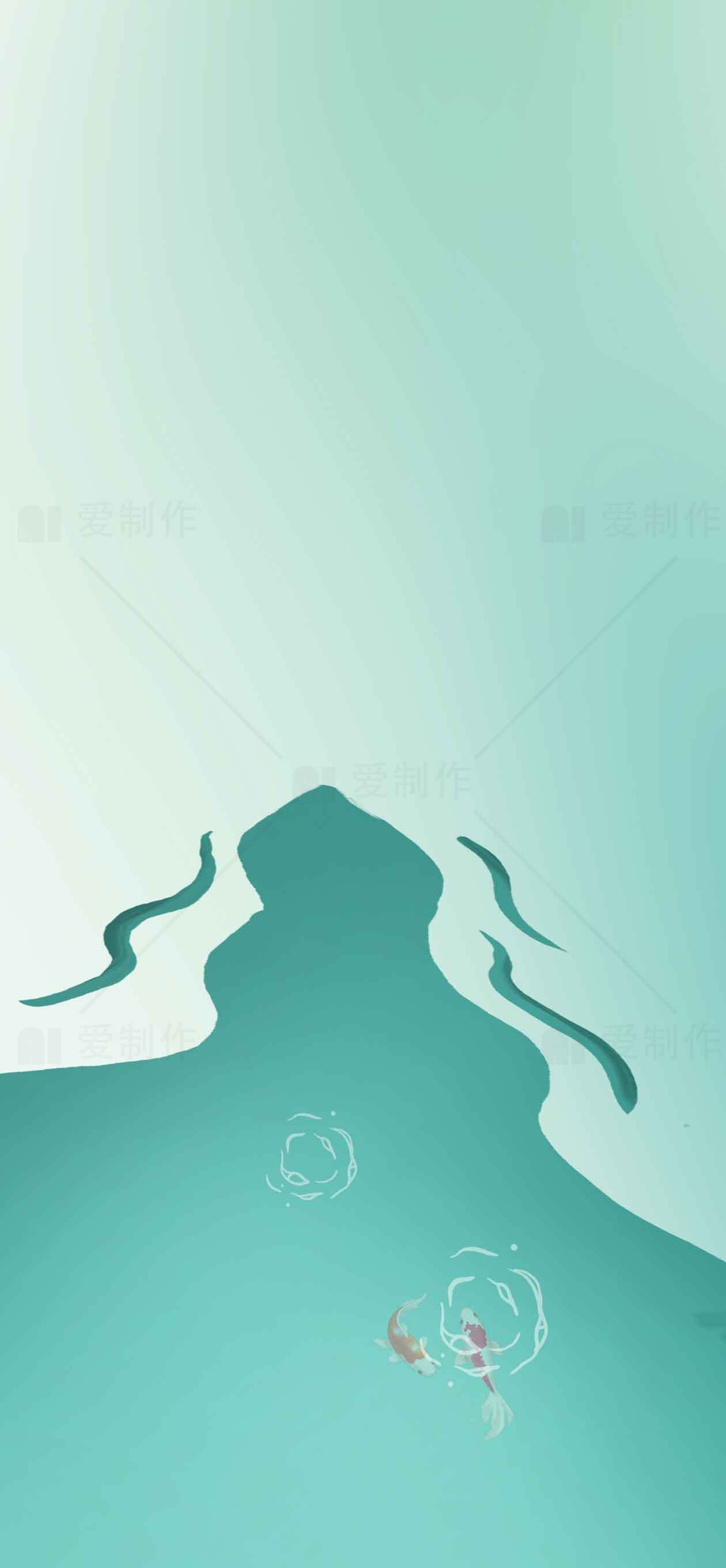 清新水墨风背景图片：湖面与游鱼意境素材