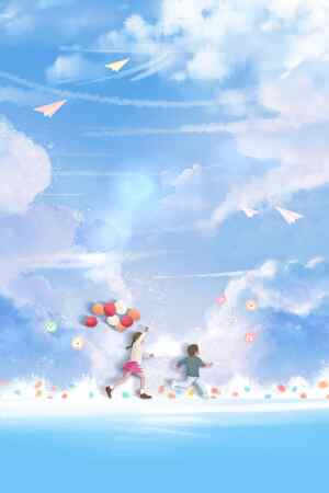 童趣蓝天奔跑插画图片