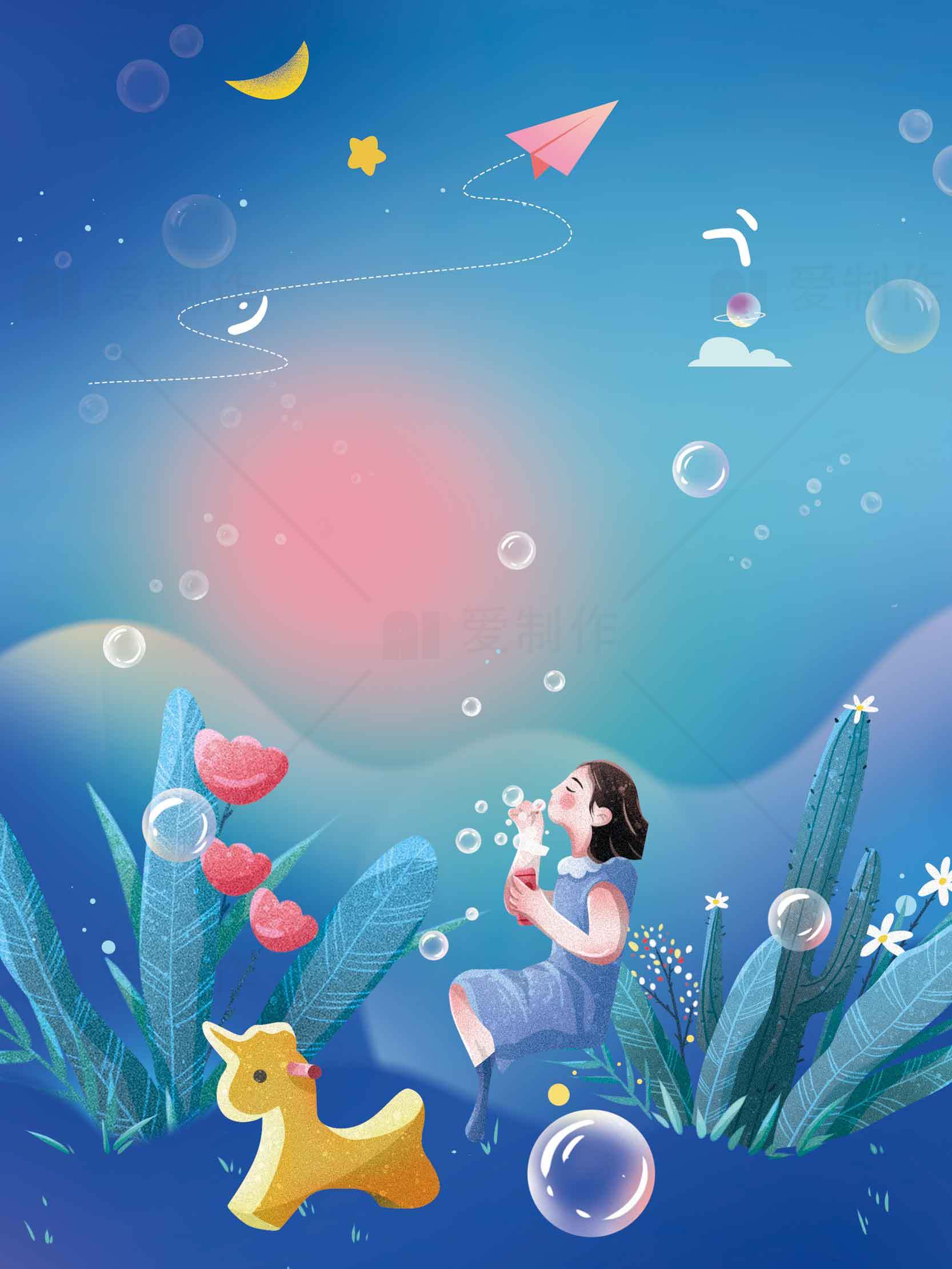 童趣梦幻插画：女孩与泡泡的奇幻世界素材