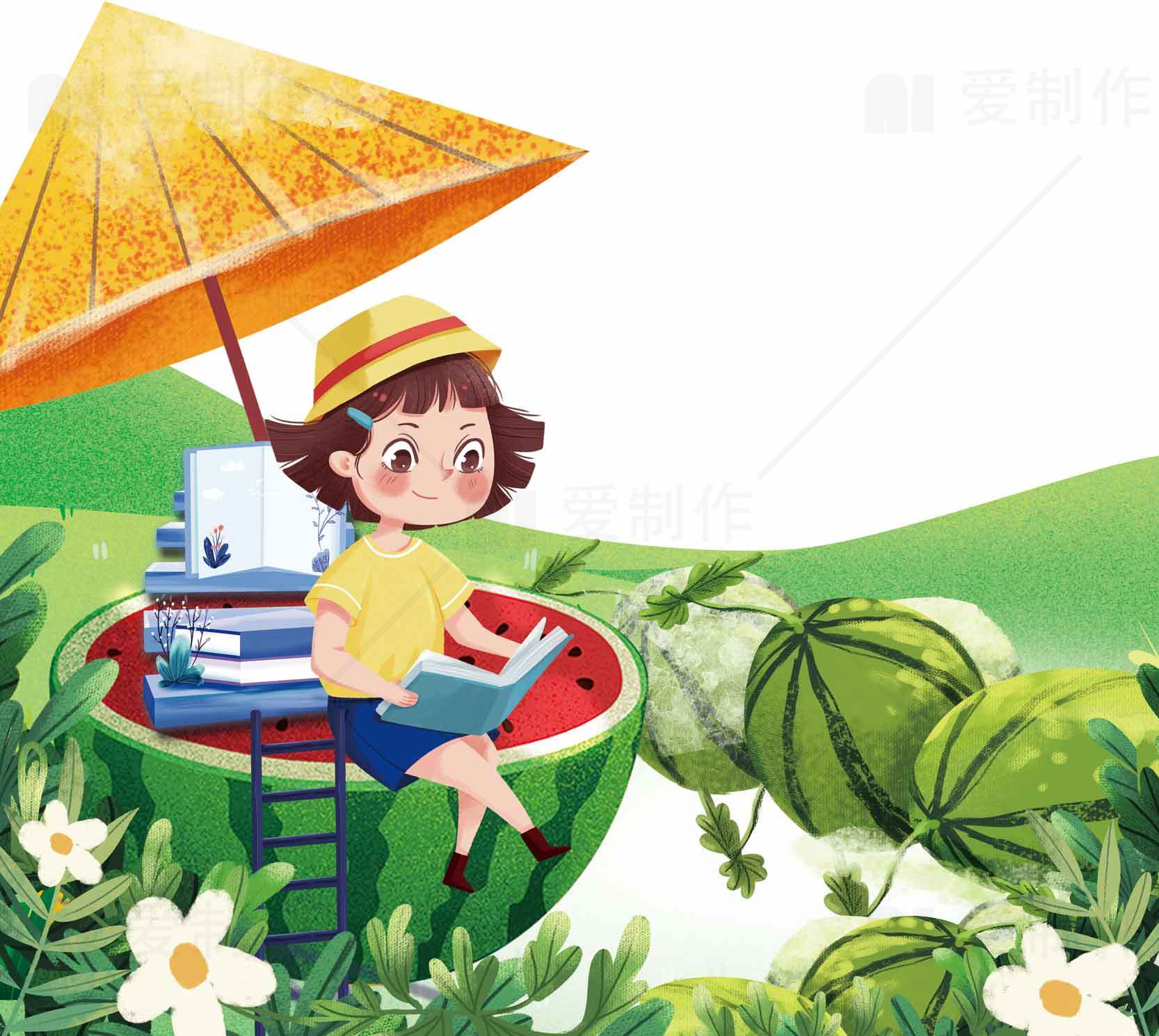 夏日清新插画：女孩与西瓜书屋素材
