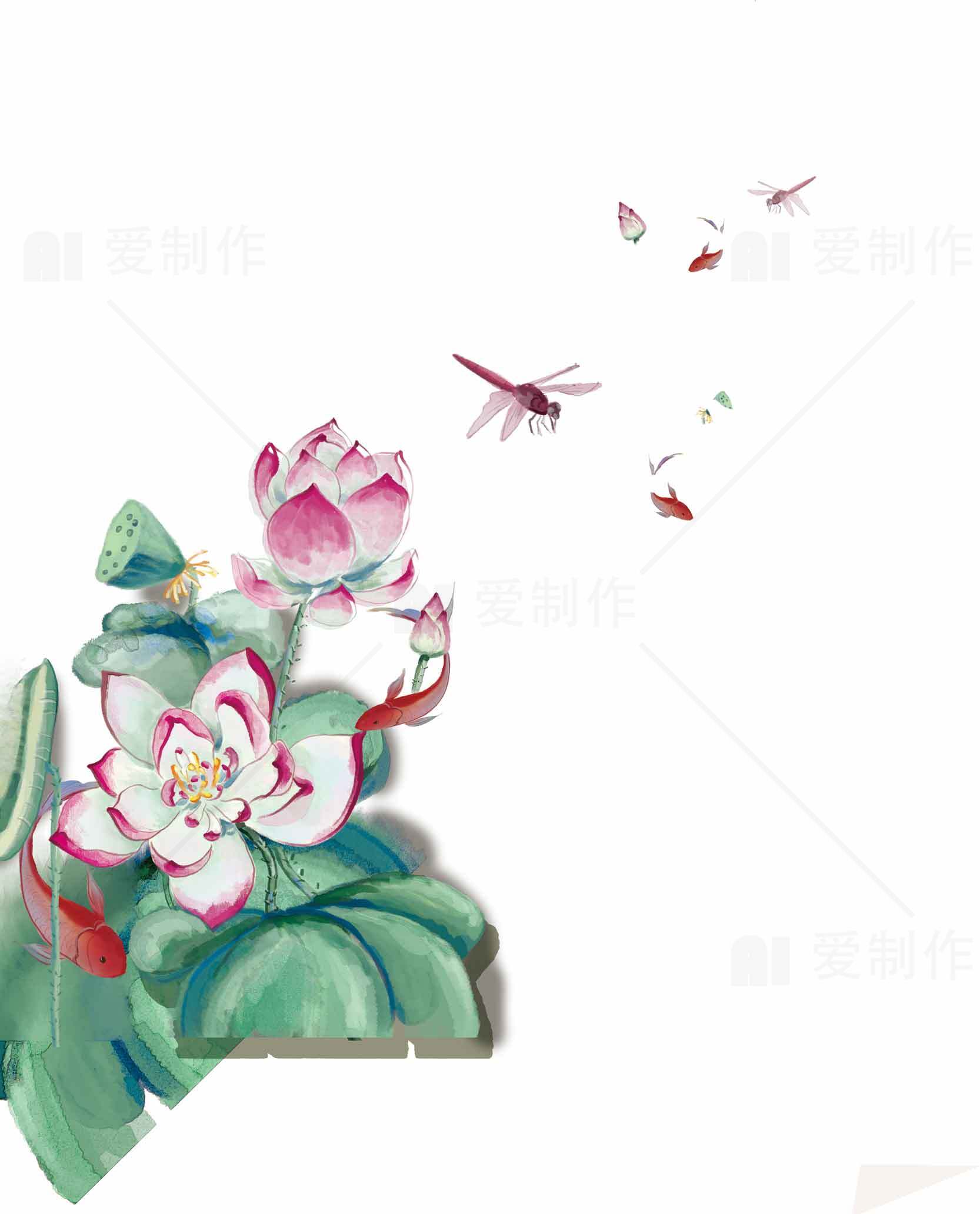 唯美荷花与蜻蜓的中国风插画设计素材