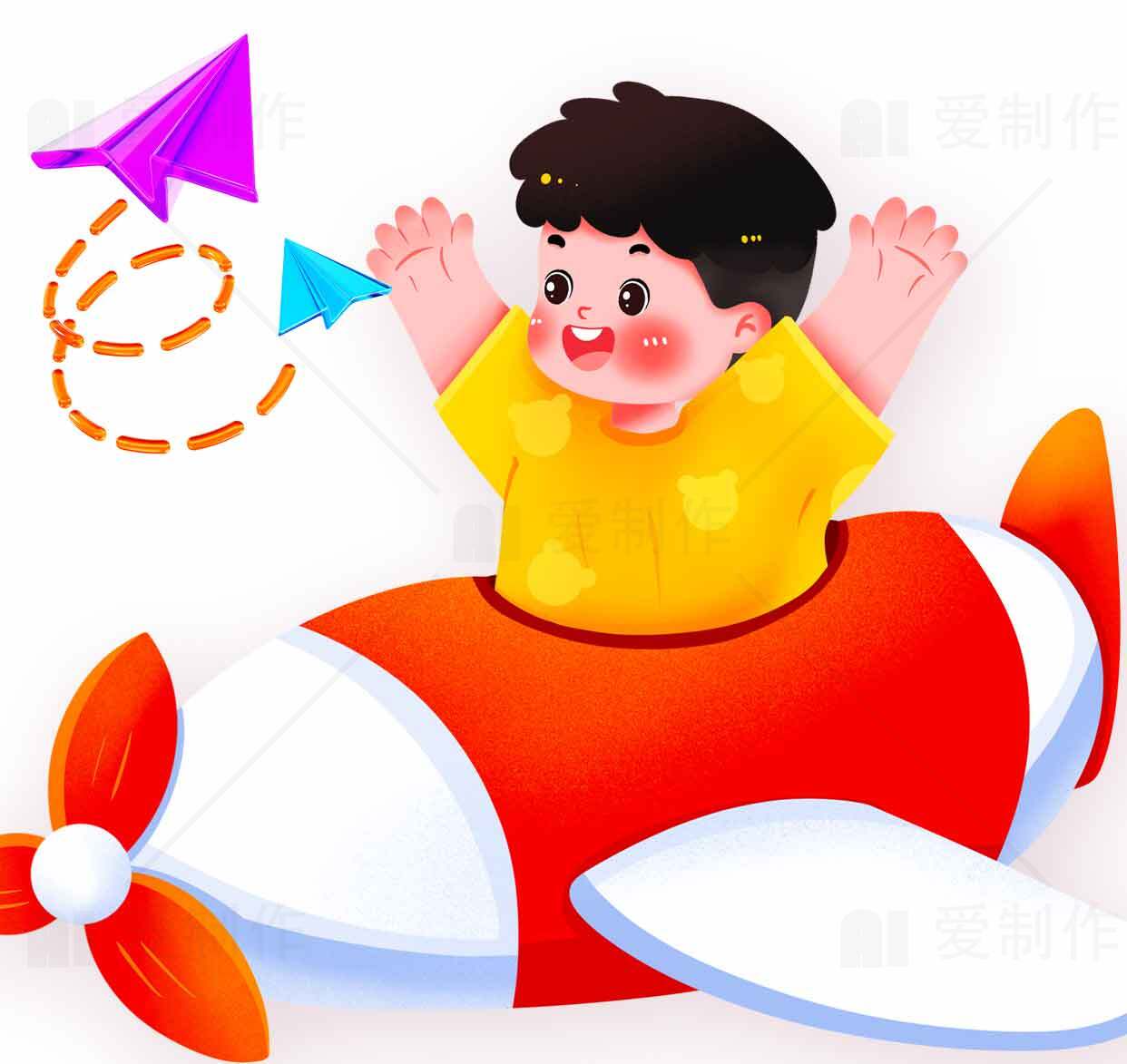 儿童飞行梦想插画：快乐男孩与纸飞机素材