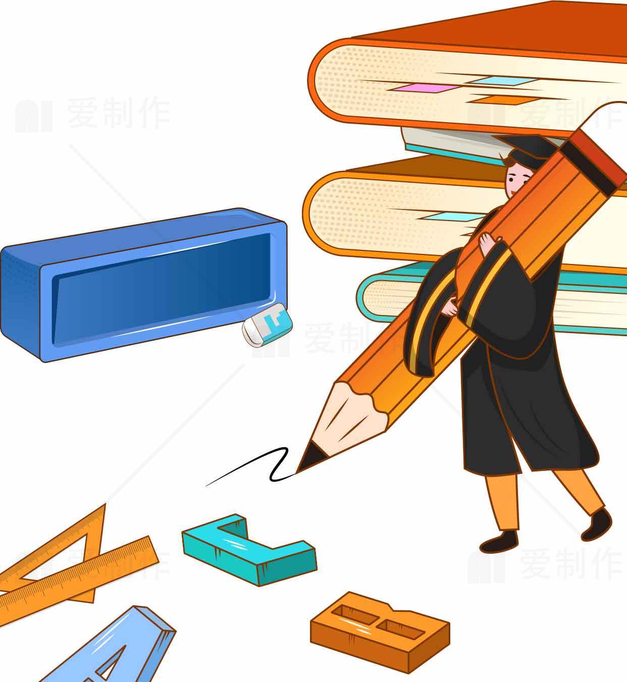 教育学习插图：毕业生与书籍和铅笔素材