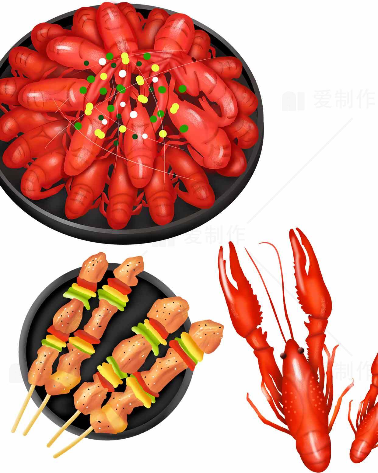 美味小龙虾与烧烤串的诱人组合图片素材