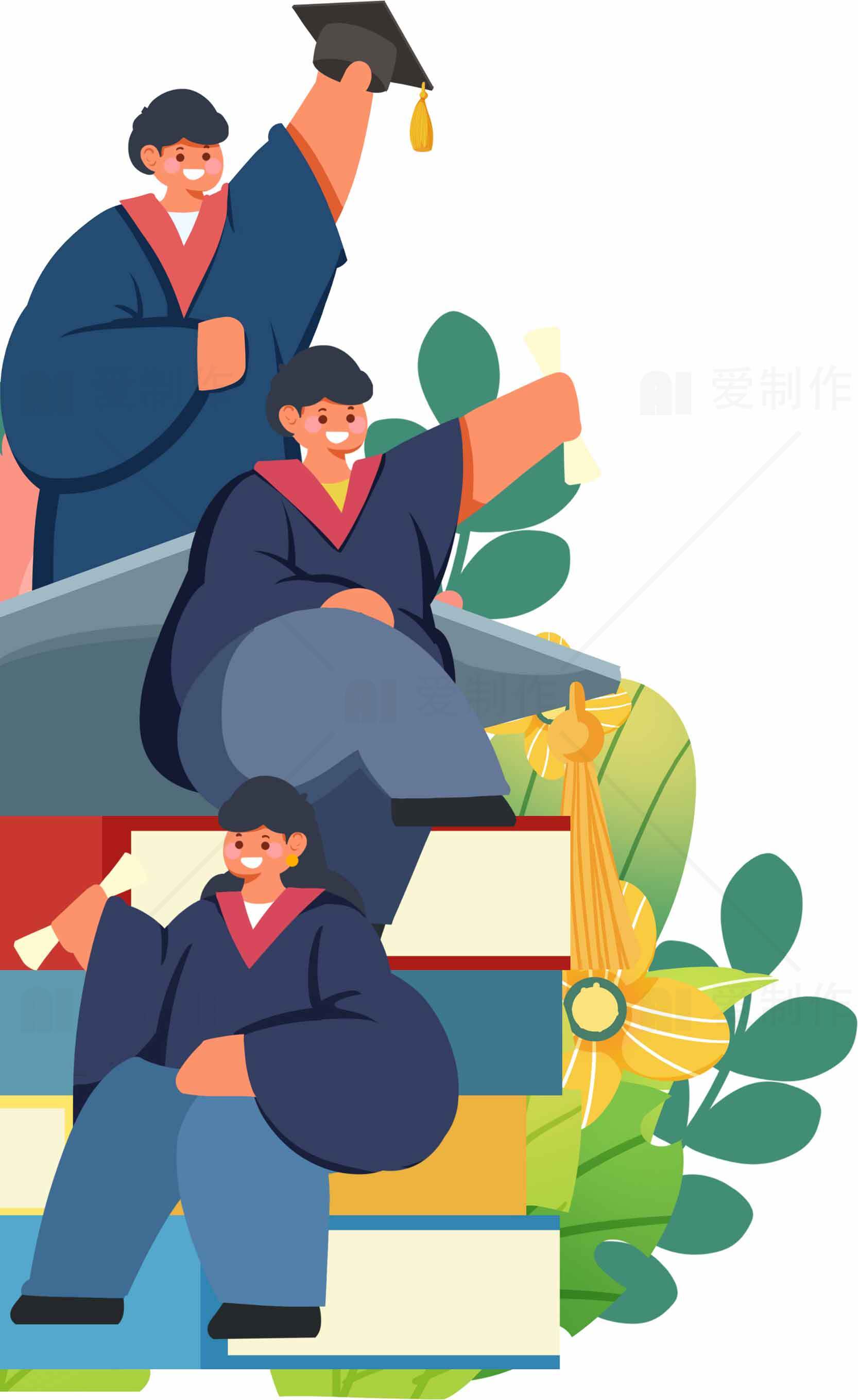 毕业季插画设计：书籍与学士服的创意组合素材