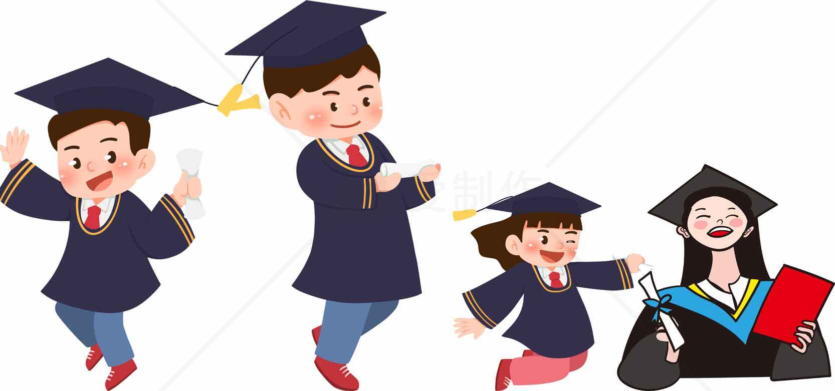 毕业季卡通插画：孩子与成人的学士服庆祝时刻素材