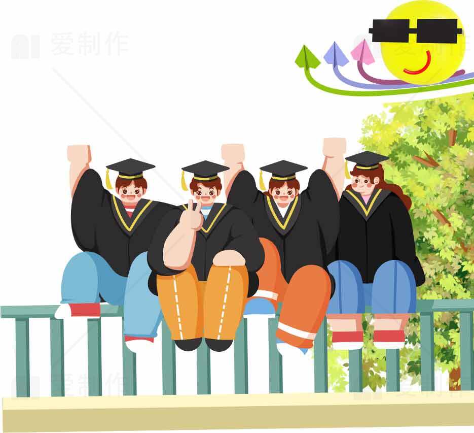 毕业季校园合影插画设计素材