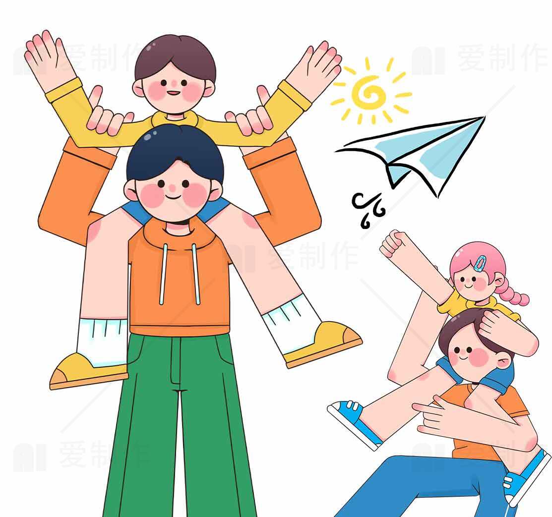亲子互动插画：快乐家庭时光素材