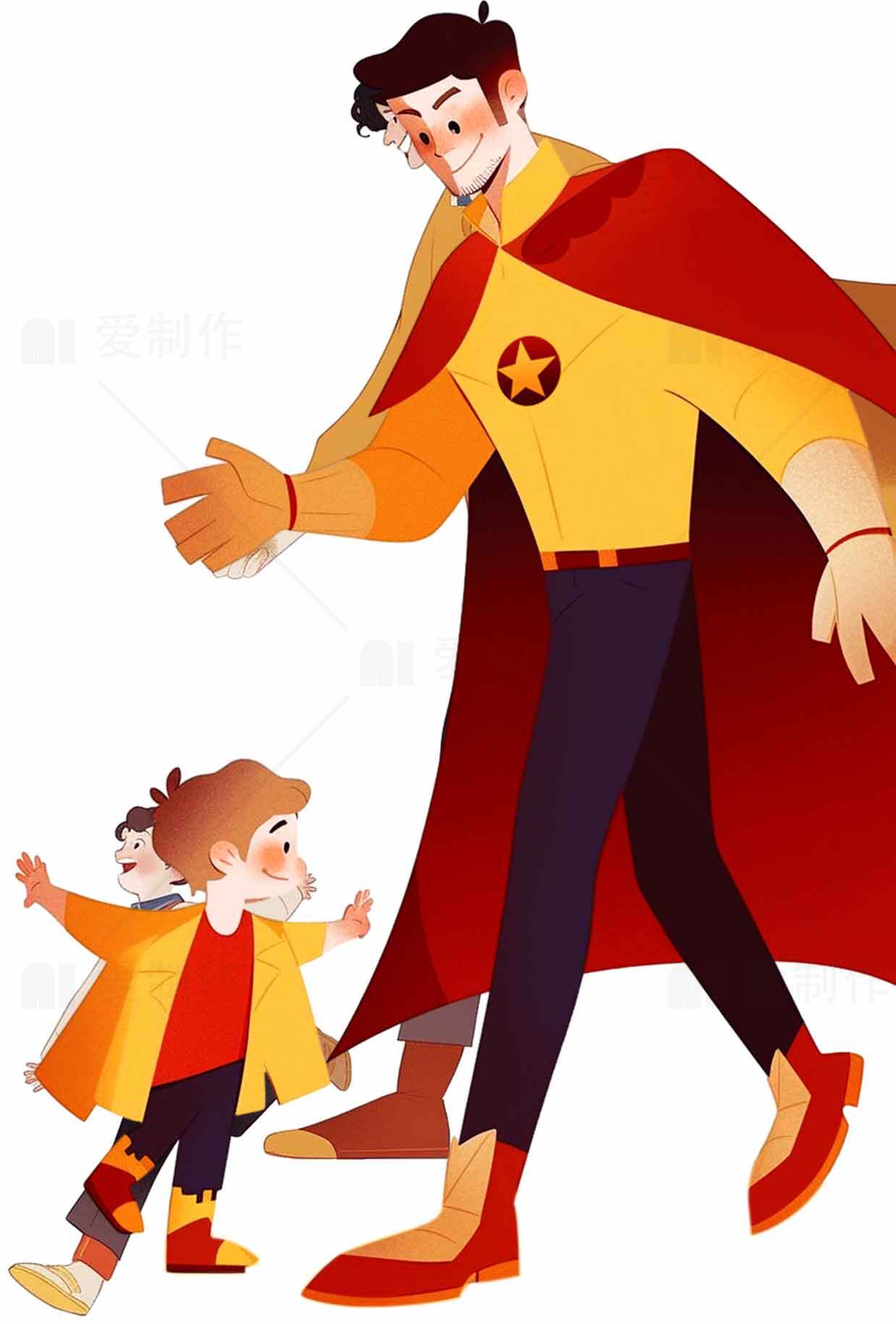 父子超级英雄插画设计素材