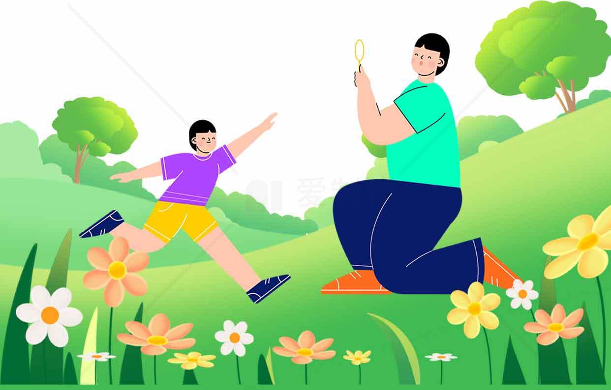 亲子互动自然风光插画素材