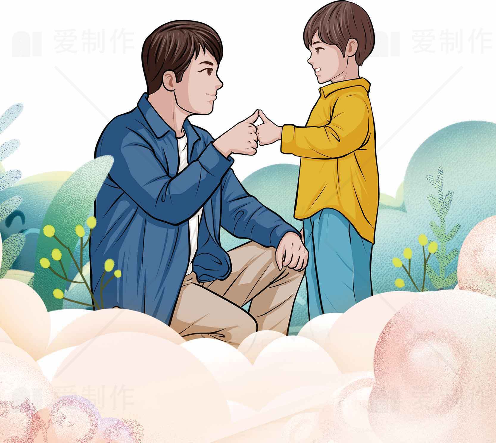 亲子插画素材：父子温馨互动时光