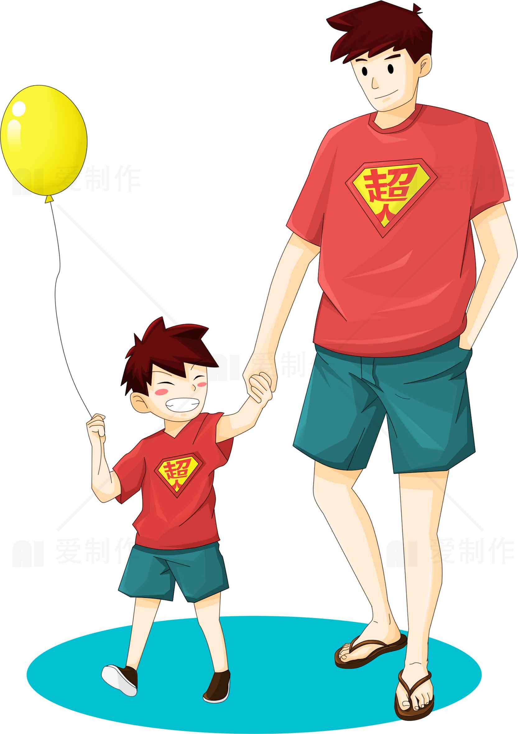 父子亲子装卡通插画：红色T恤与黄色气球的温馨时光素材
