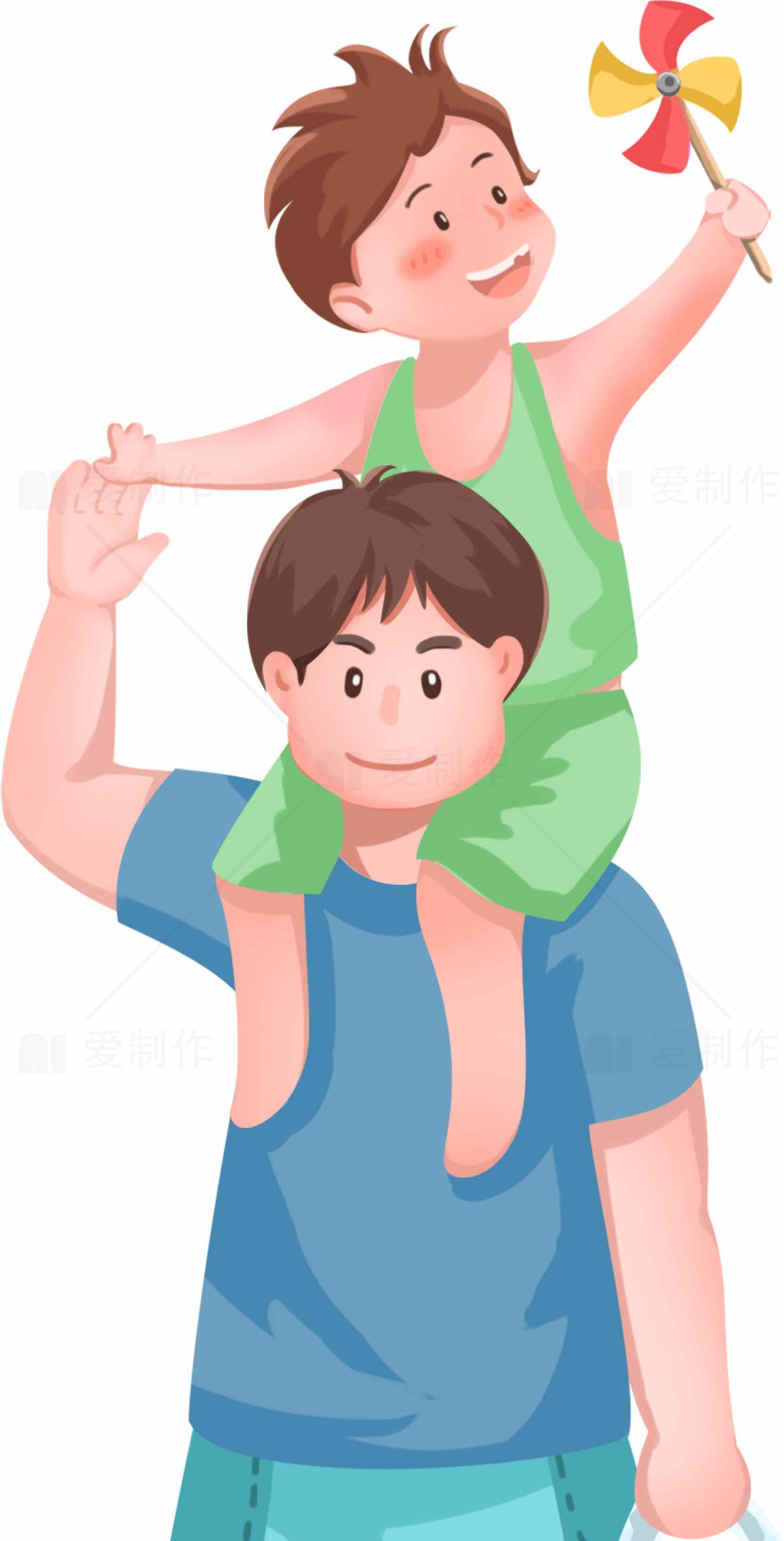 父子亲子互动插画：温馨家庭时光素材