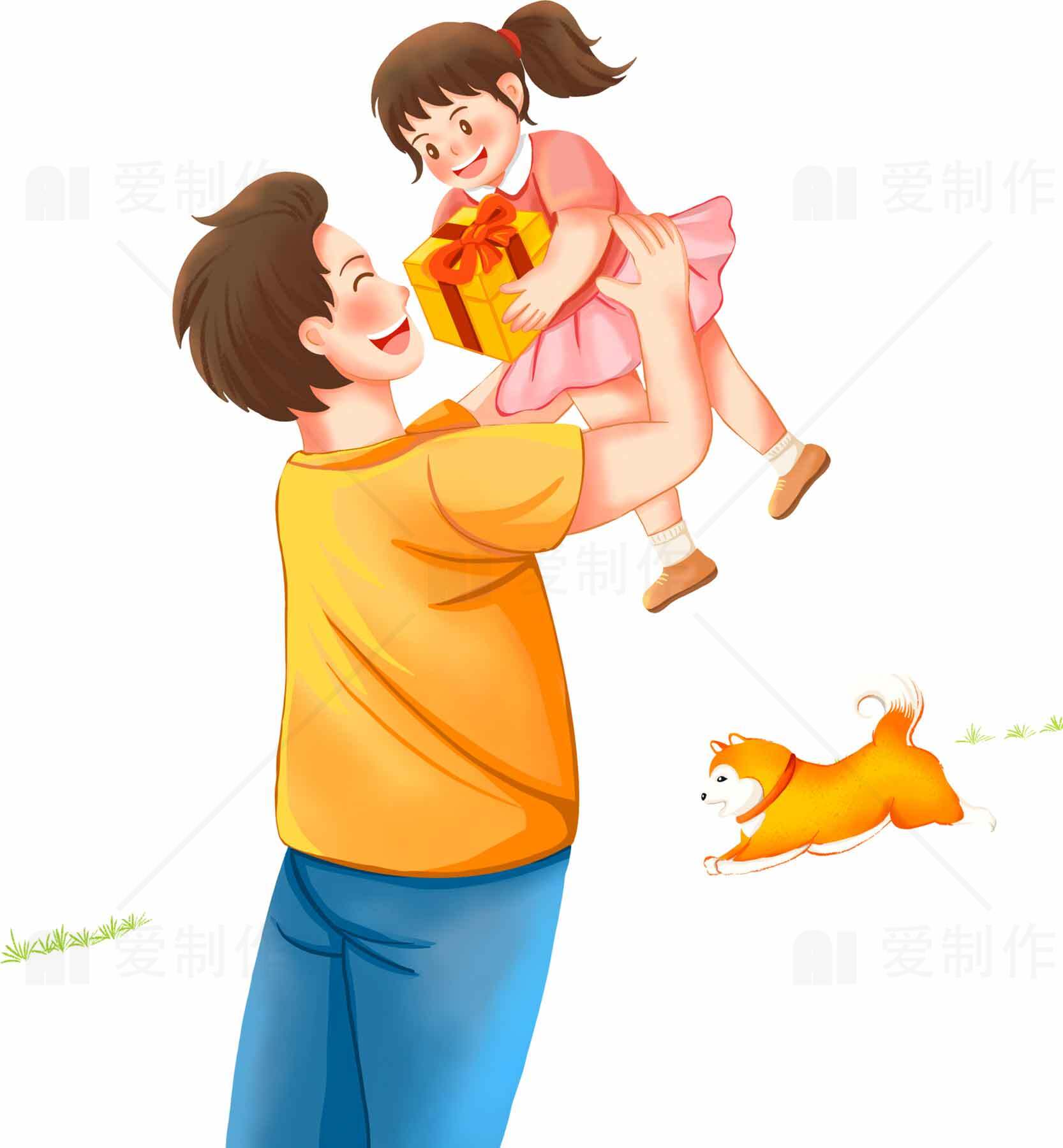 父女欢乐互动场景插画素材