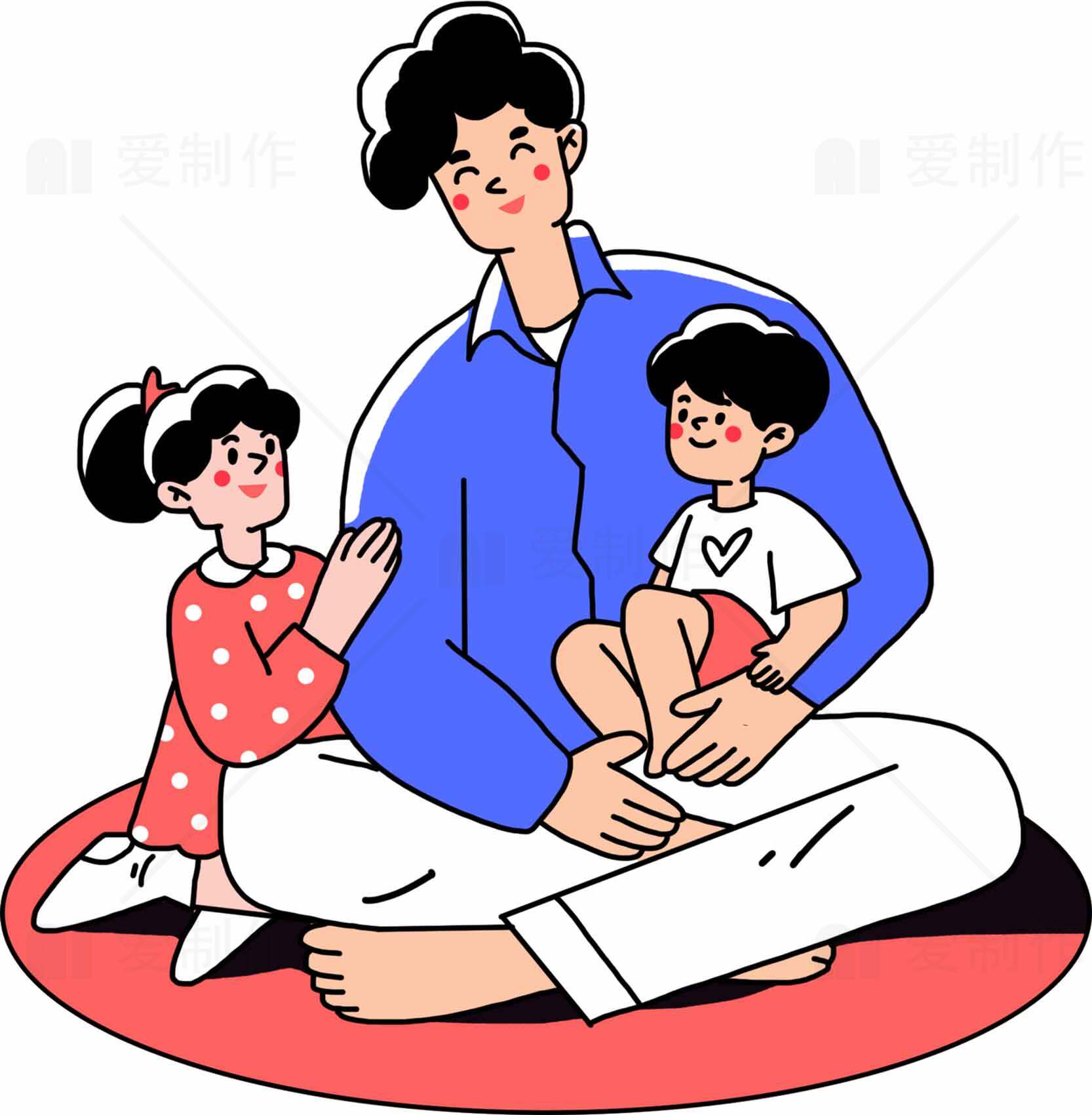 家庭温馨插画设计：父亲与孩子的亲密时光素材