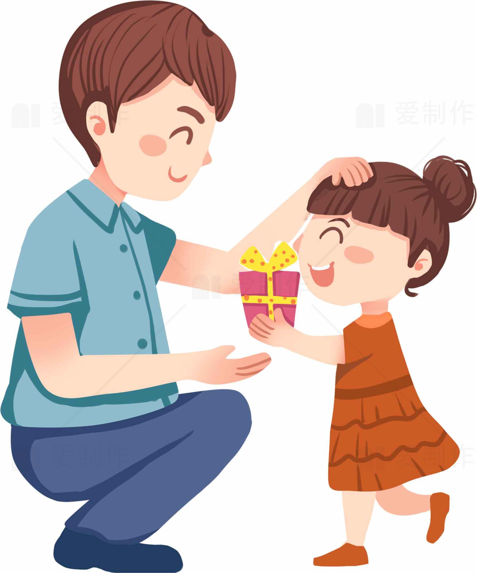 父亲与女儿温馨互动场景插画素材