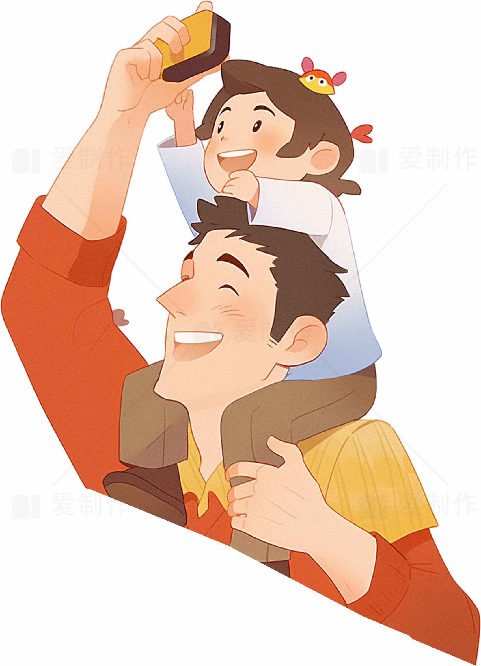 父女温馨自拍插画图片素材