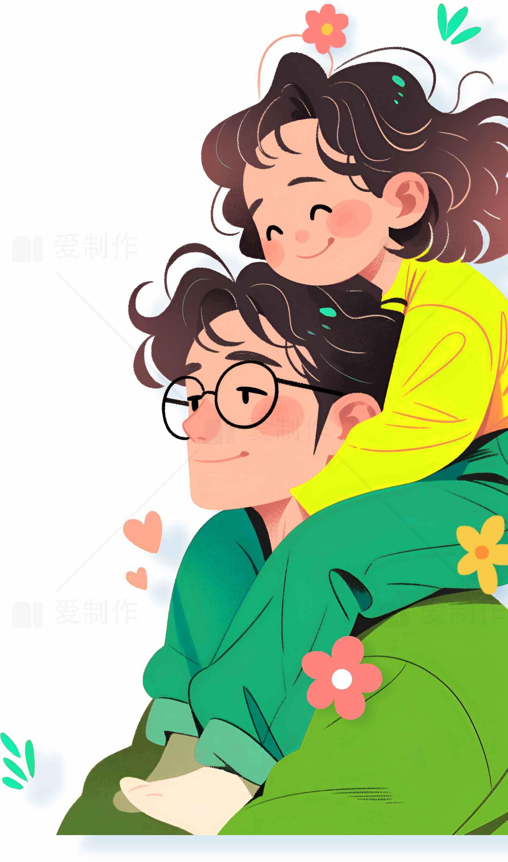 温馨亲子插画：父女快乐时光素材