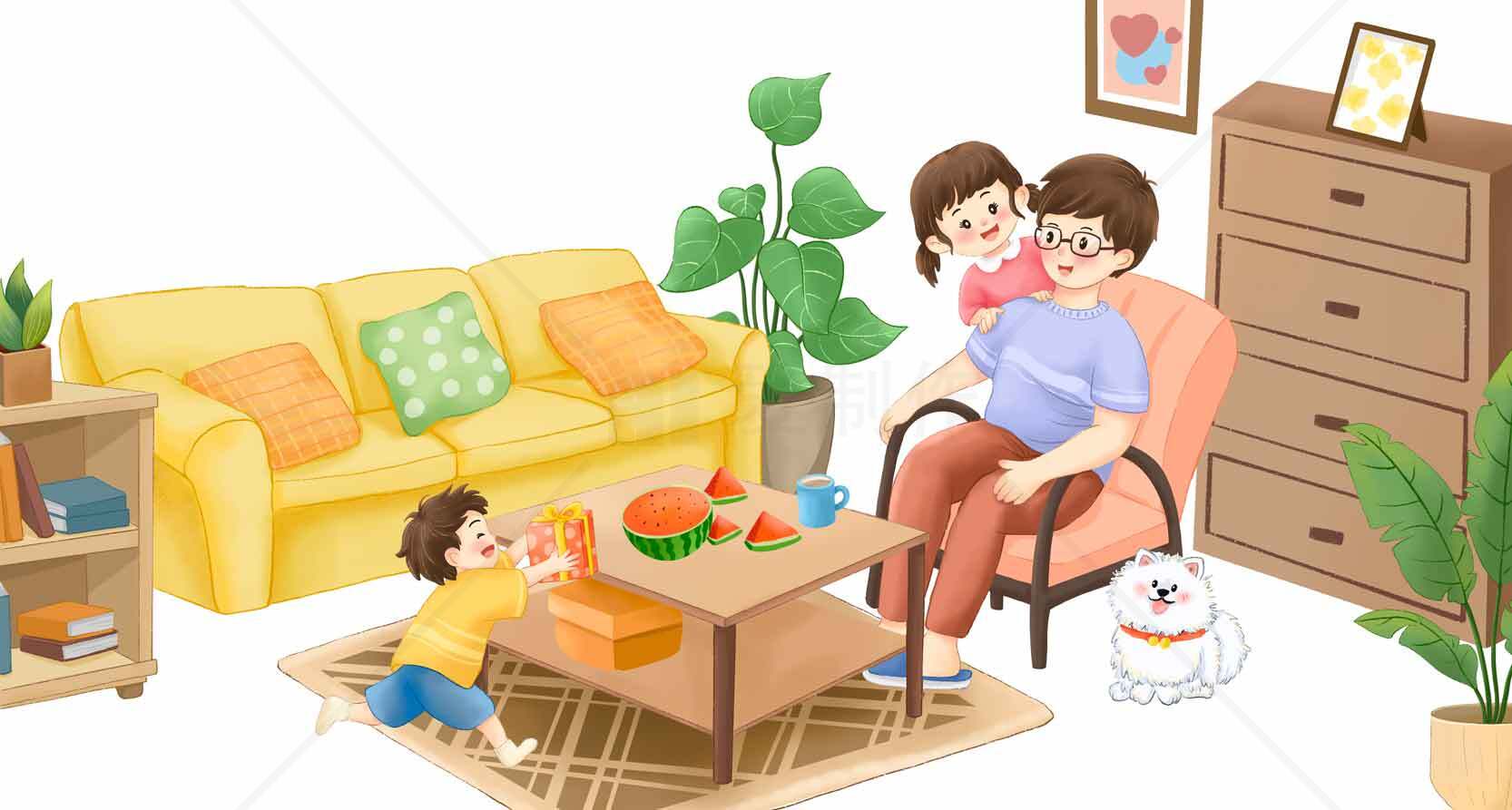 温馨家庭客厅场景插画素材