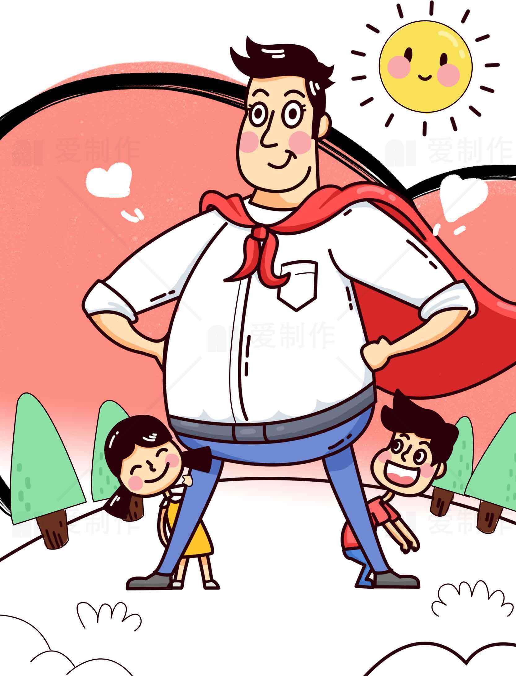 超级英雄爸爸插画：父爱如山的温馨家庭场景素材