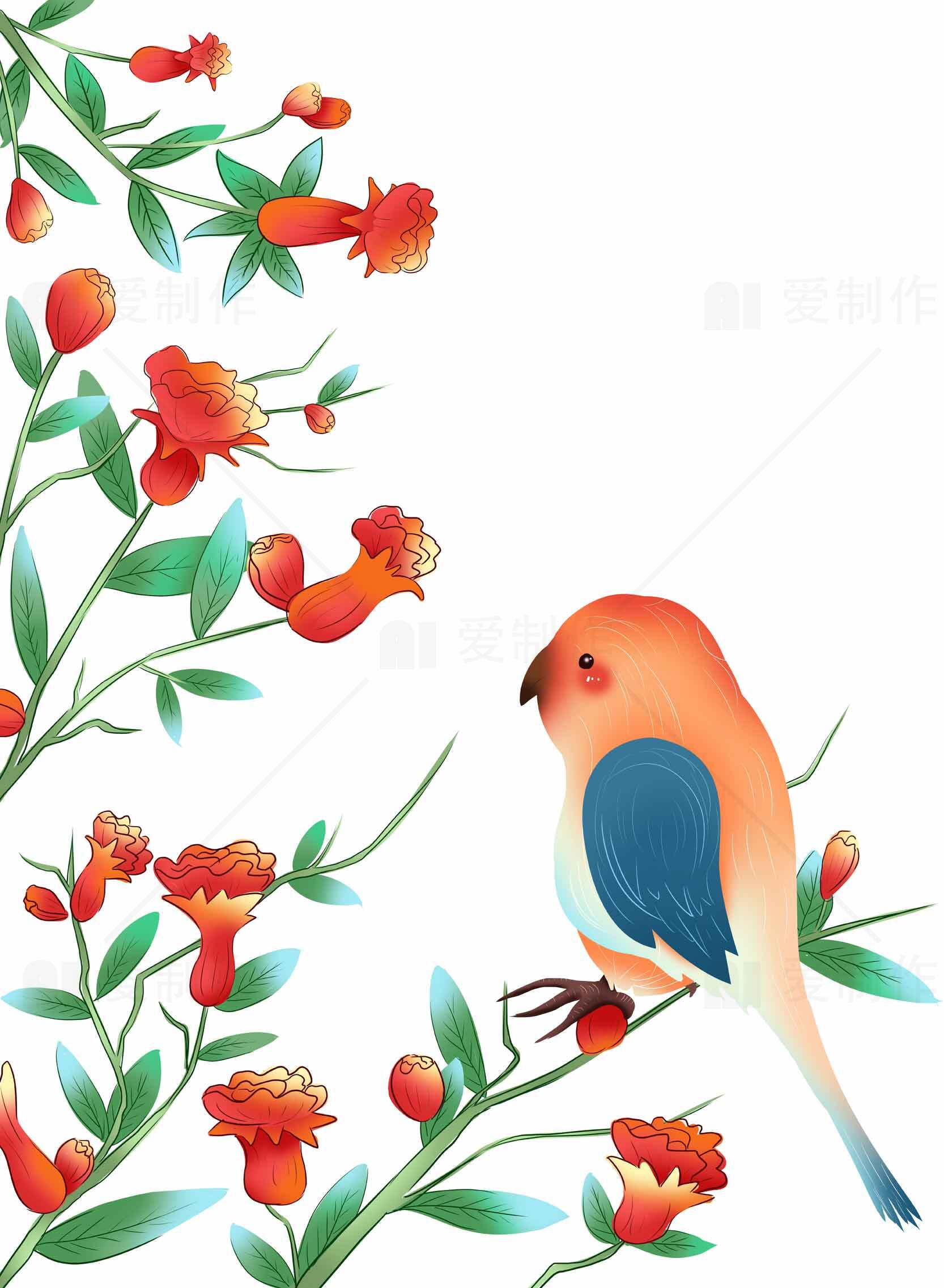 红色花朵与蓝翅小鸟插画设计素材