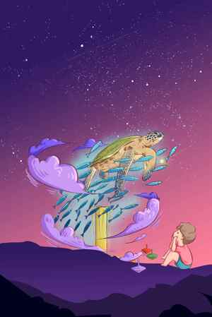 梦幻星空下的海龟与女孩插画