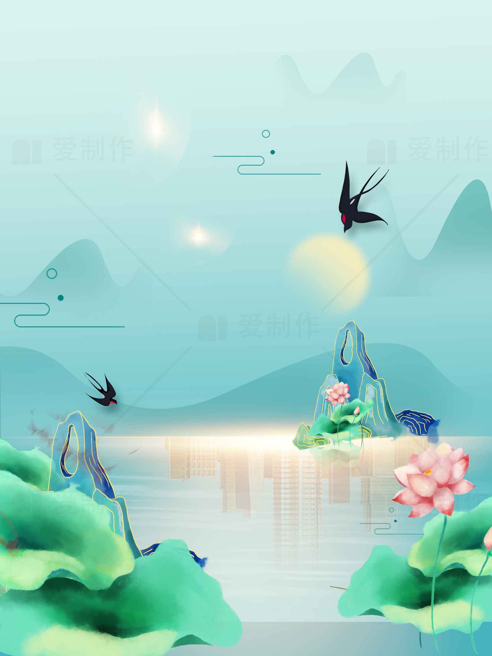 高清唯美中国风山水画背景素材图片