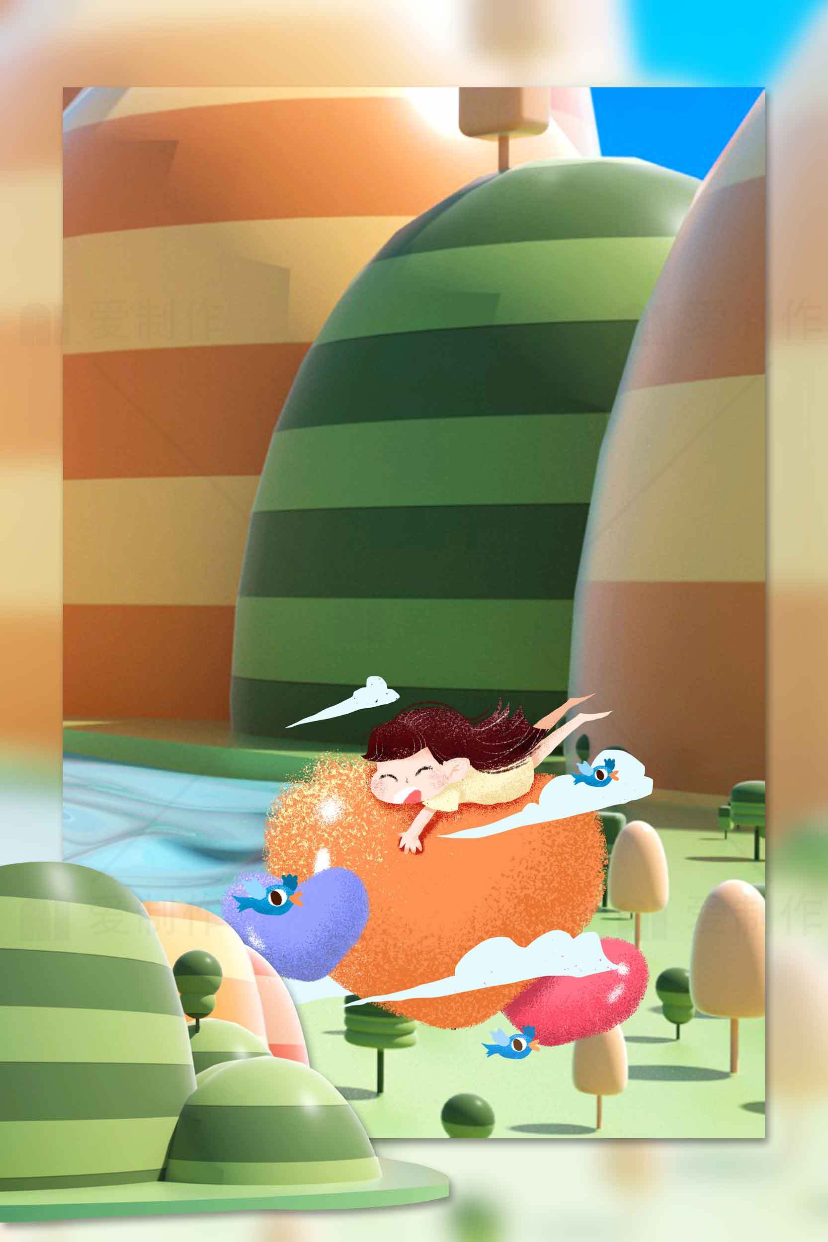 童趣梦幻插画：女孩与飞鱼的奇幻冒险素材