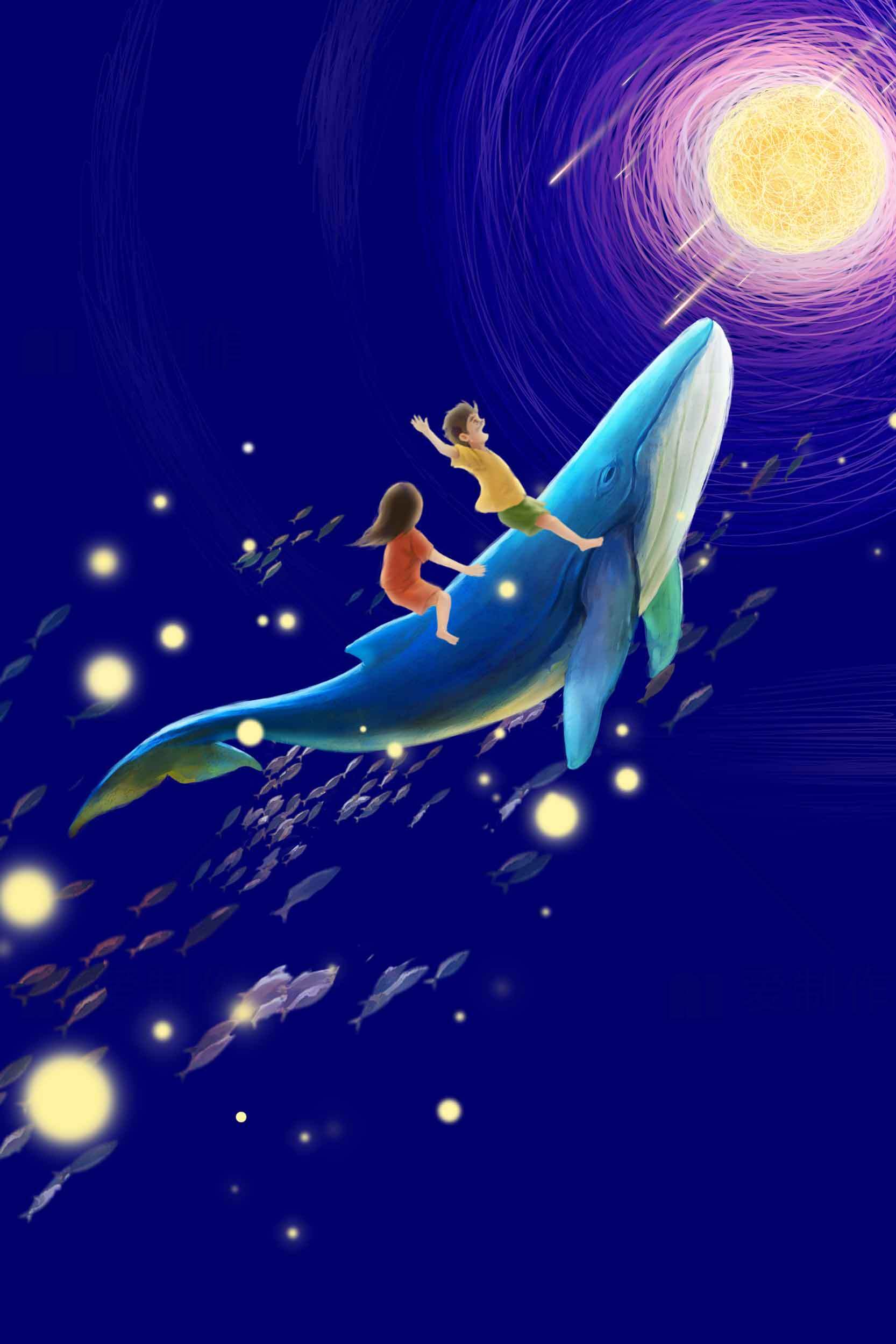 梦幻鲸鱼与孩子的星空之旅插画素材
