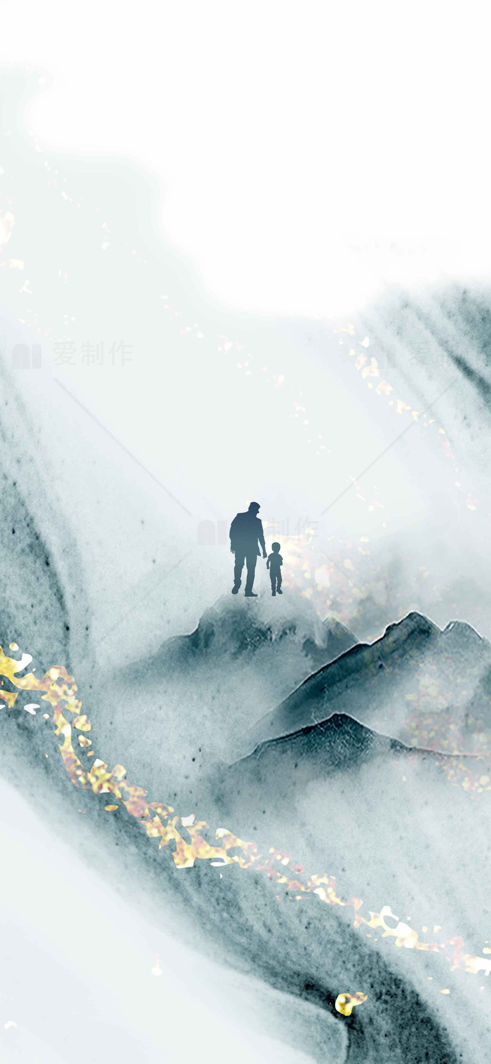 父子山水意境国画背景图片素材