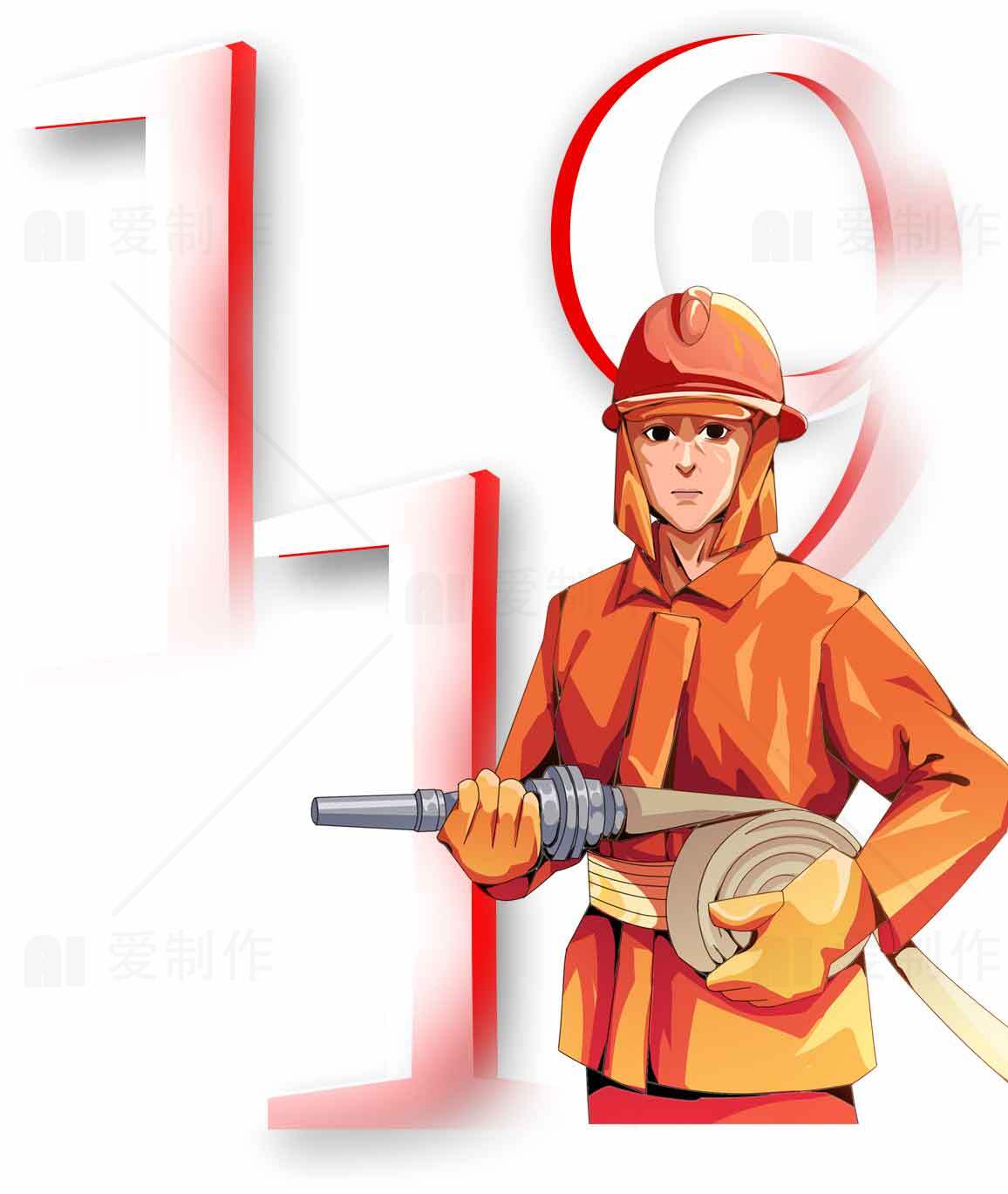 消防员主题插画设计：红色与橙色的力量素材