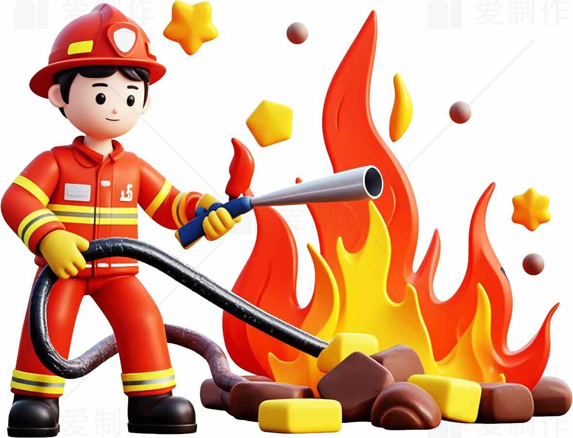 消防员卡通形象与火焰背景设计素材