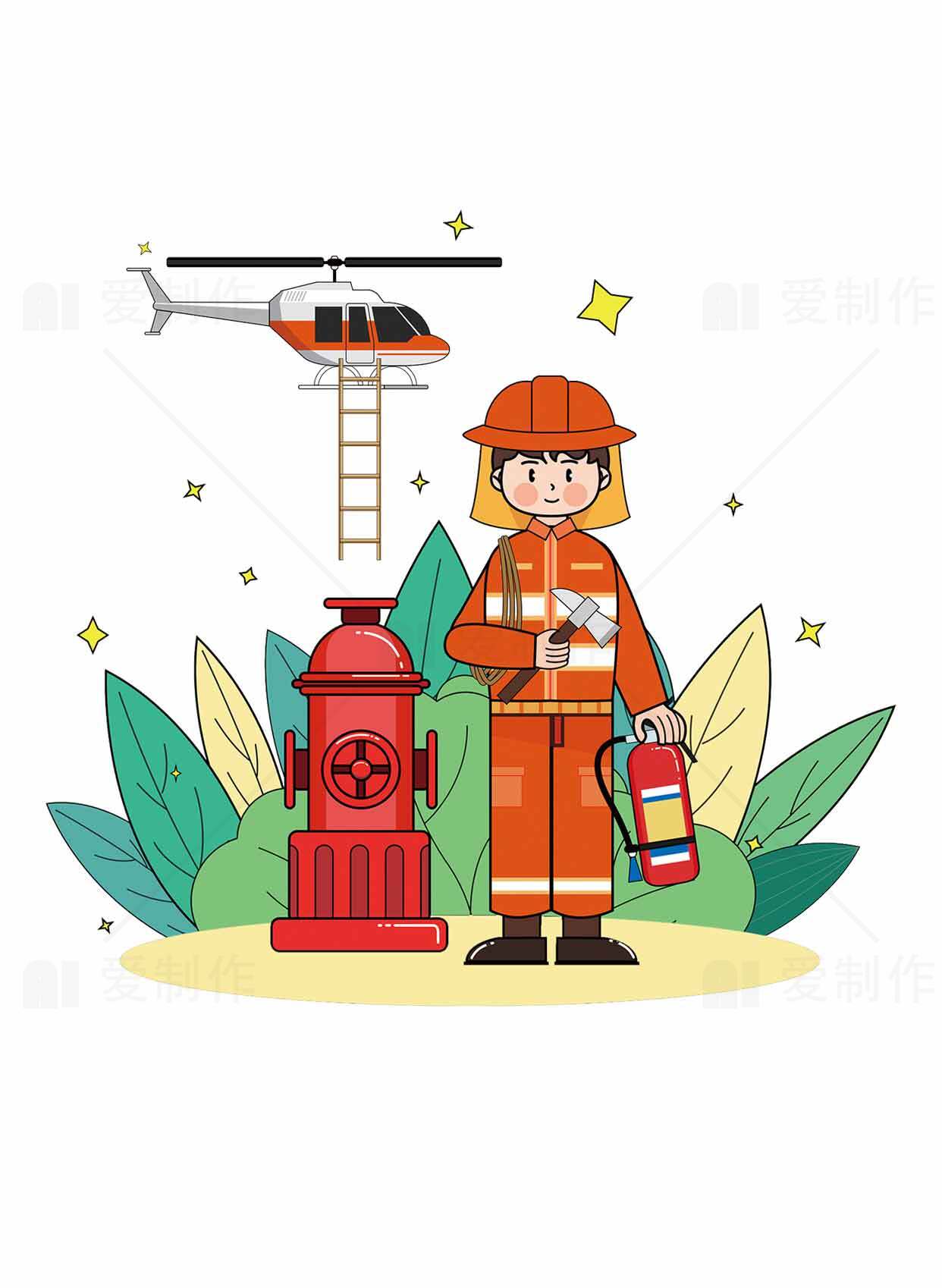 消防员卡通插画：消防栓与直升机场景素材