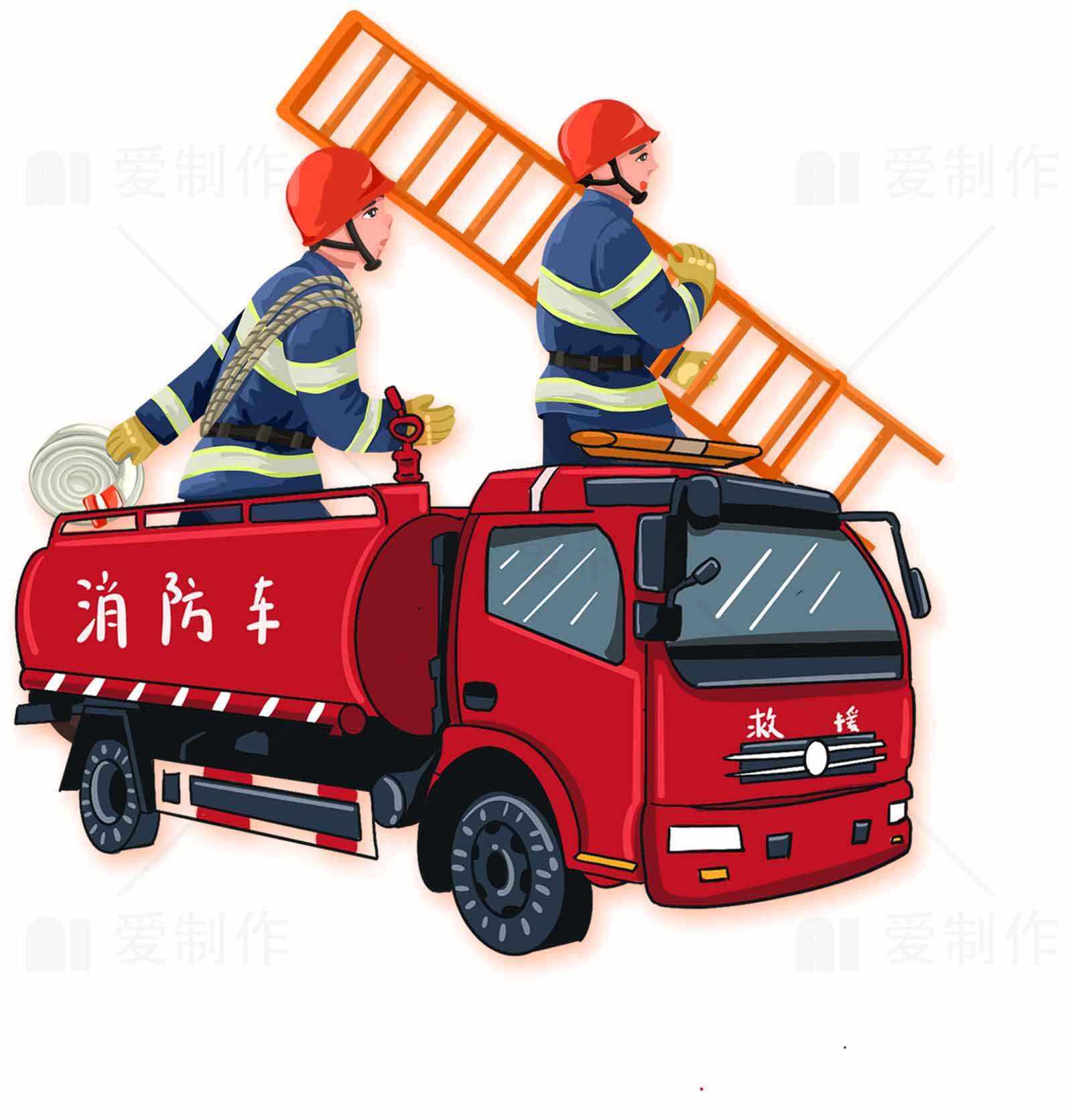 消防车与消防员救援场景插画素材