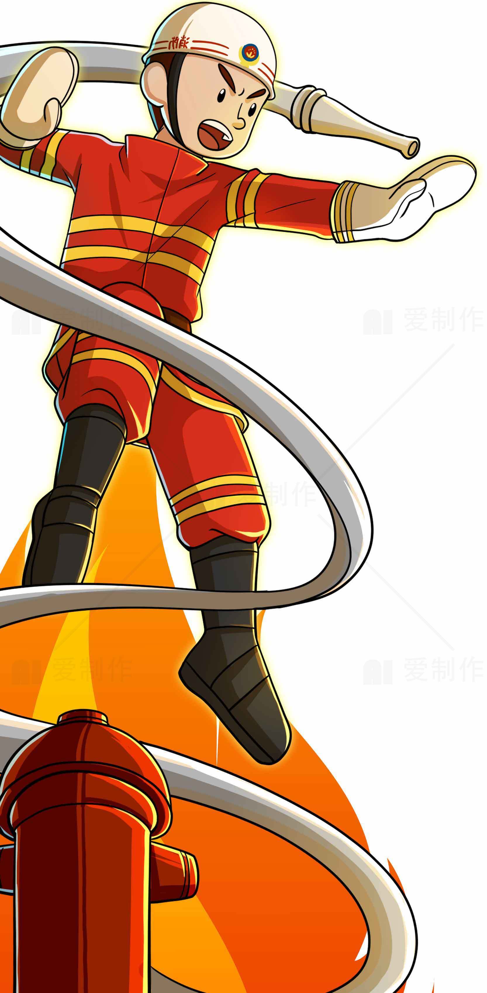消防员卡通形象与消防水管设计插画素材