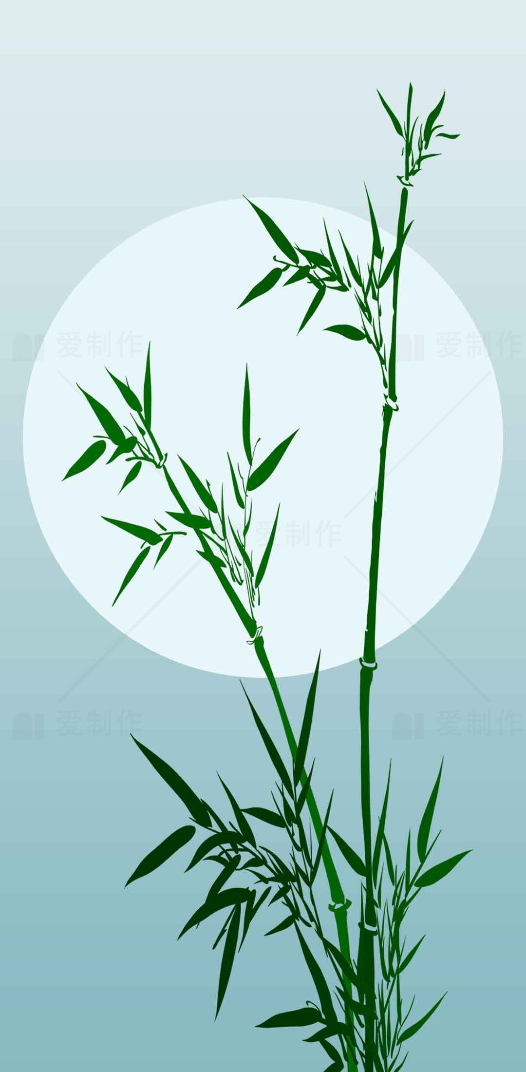 清新竹子与圆月背景插画素材