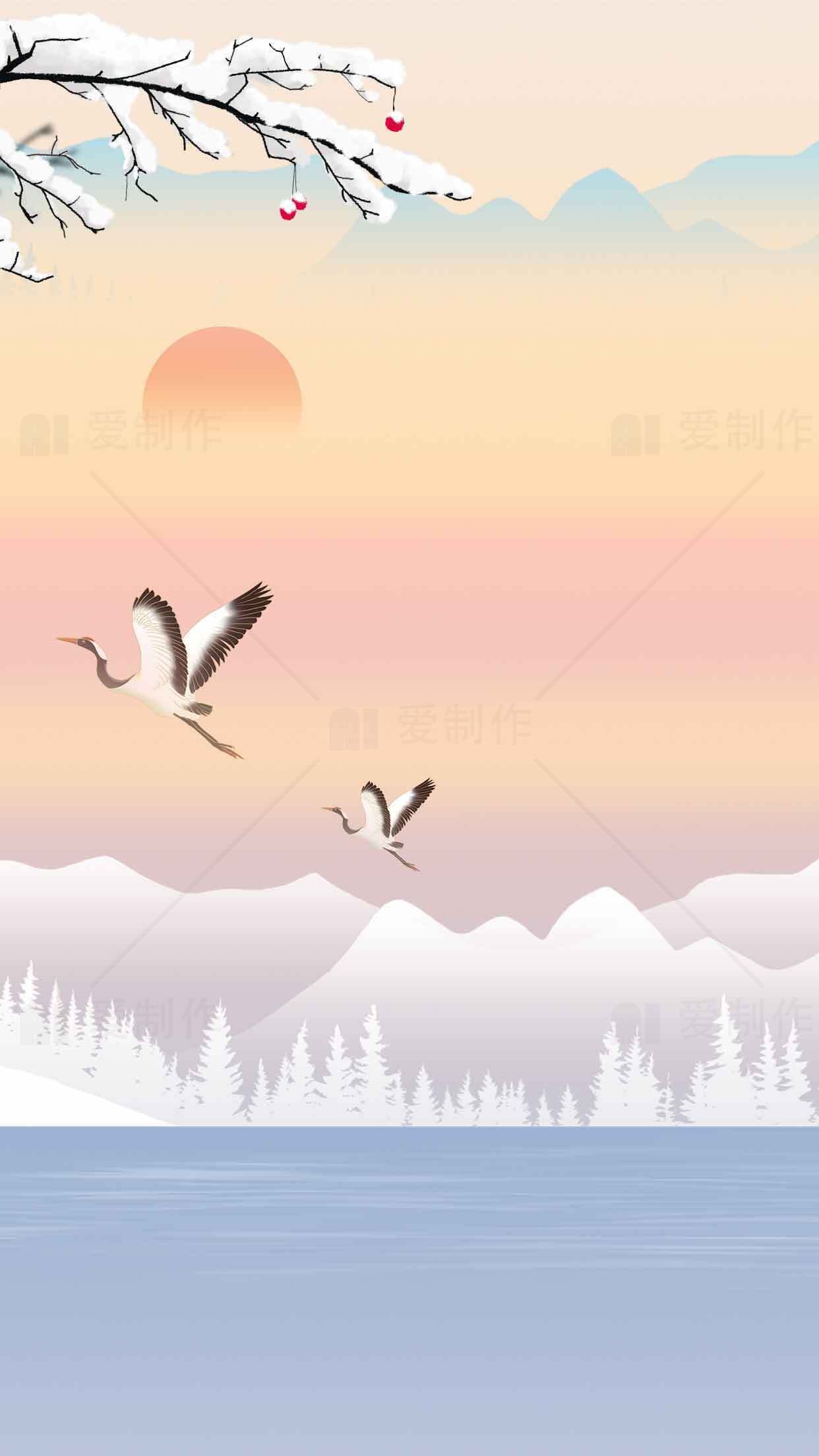 唯美冬日湖景与飞鹤插画背景素材