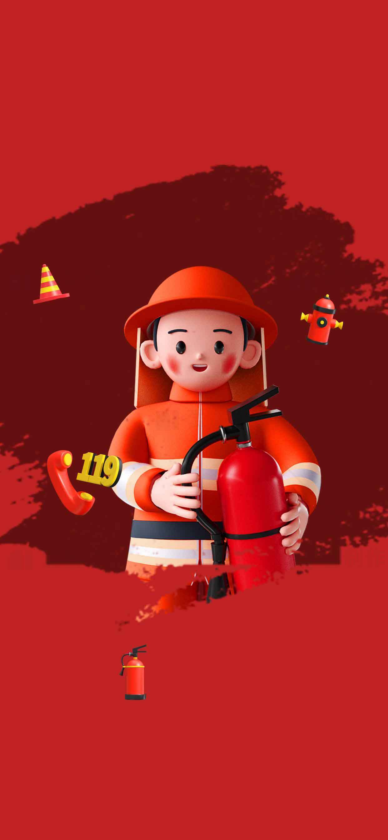 消防员卡通形象与灭火器主题插画素材