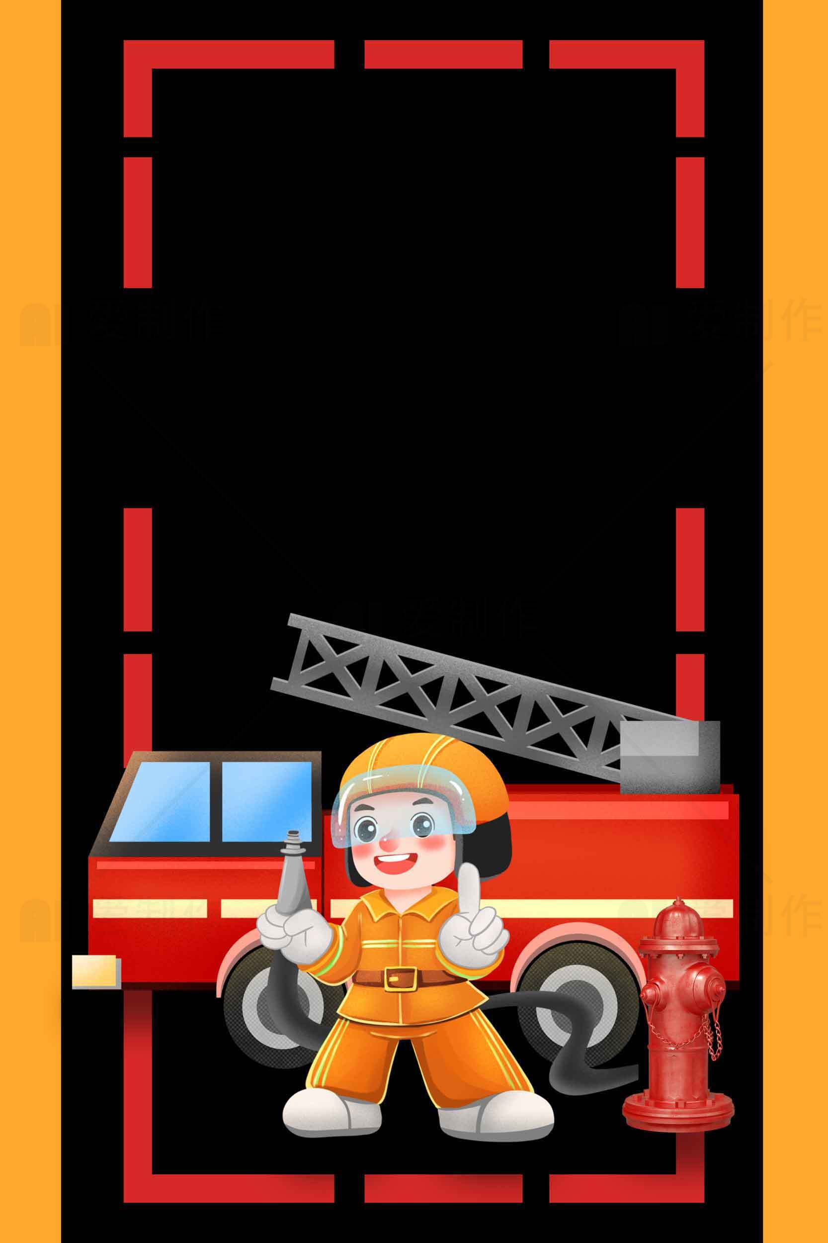消防员卡通形象与消防车主题背景图片素材