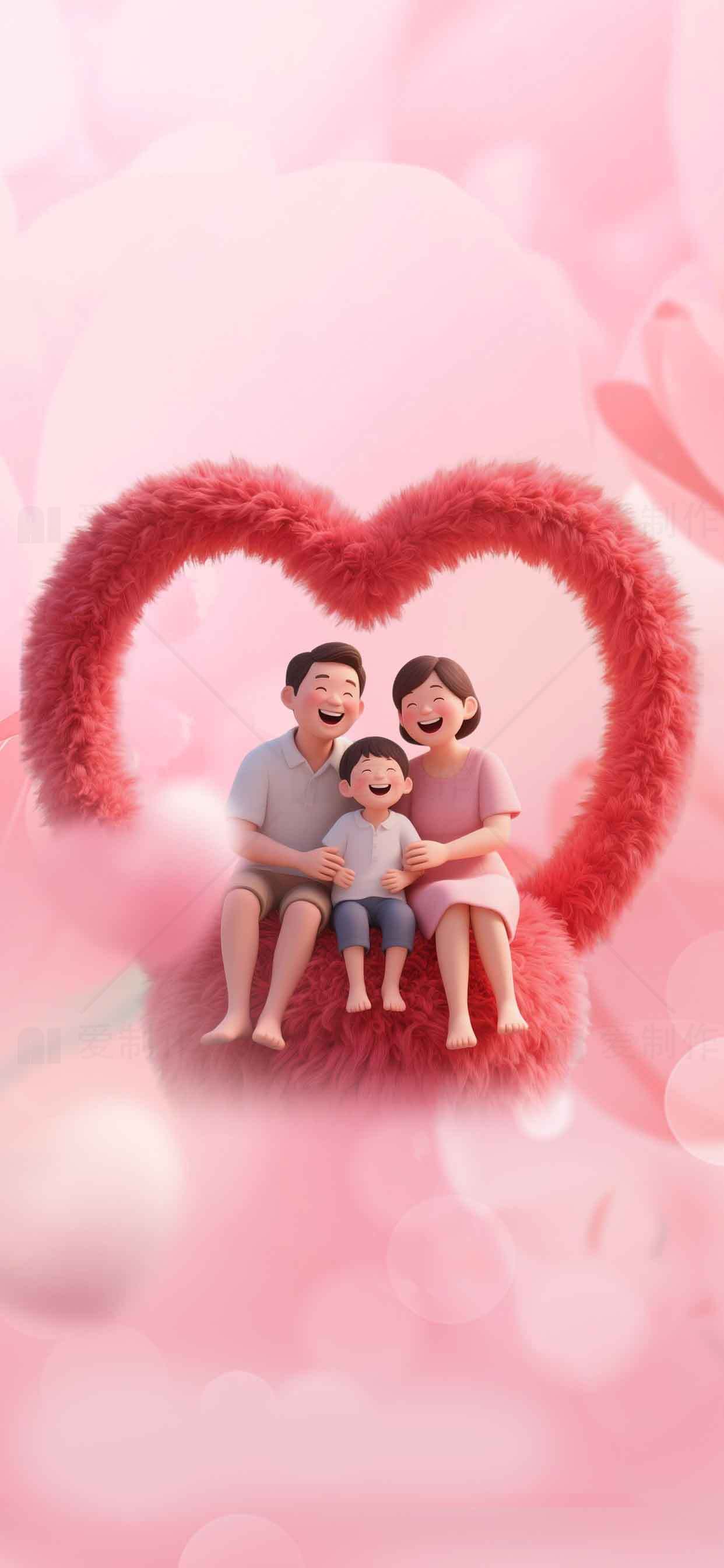 温馨家庭卡通插画：粉色浪漫爱心背景素材