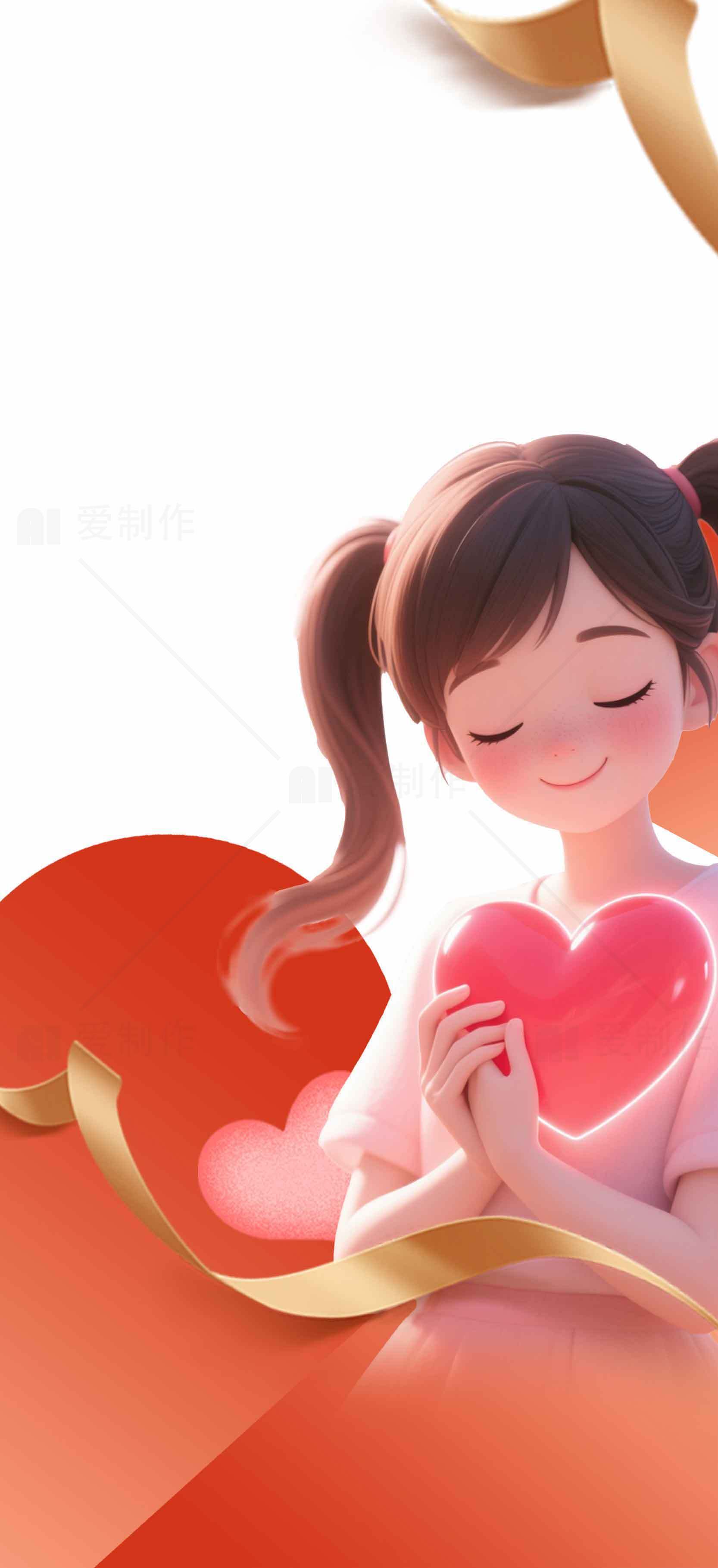 浪漫红色背景少女手捧爱心插画设计素材