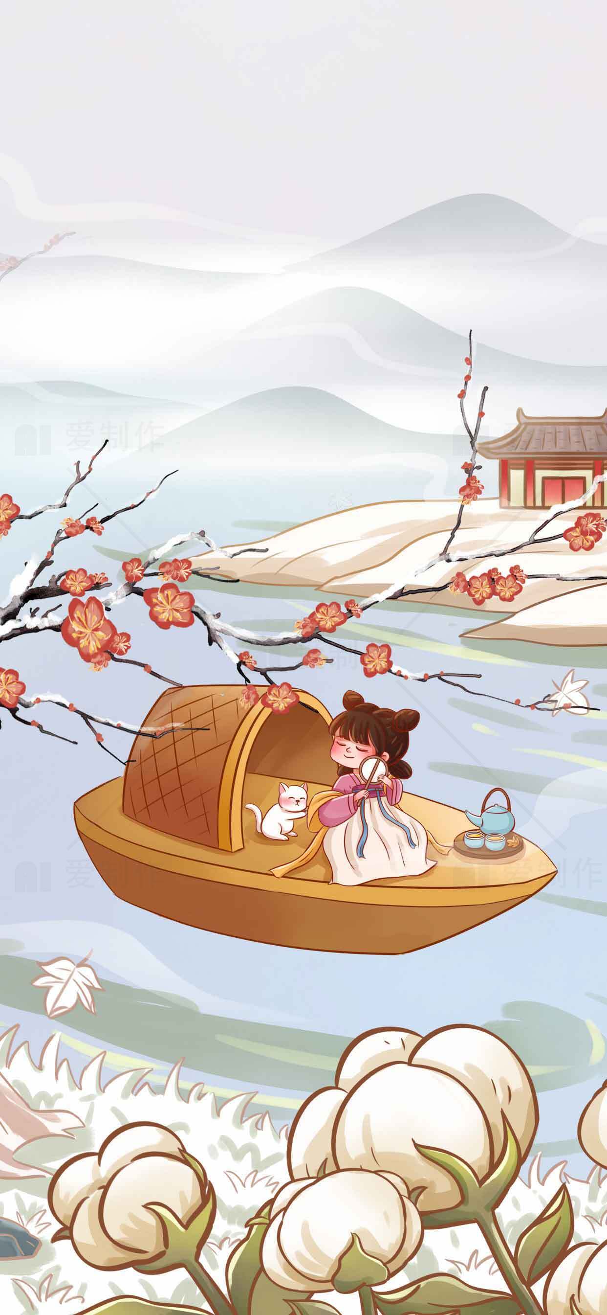 古风插画：春日湖上泛舟赏花素材