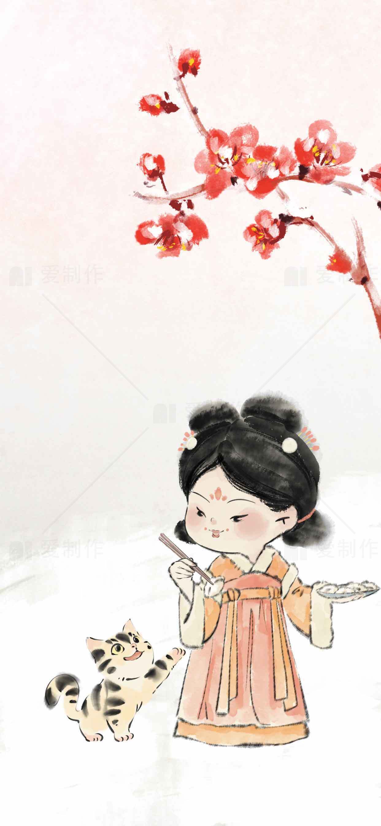 古风插画：梅花与少女的唯美意境素材