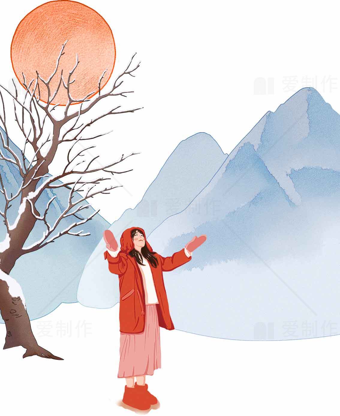 冬日山景中的红衣女子与夕阳美景素材